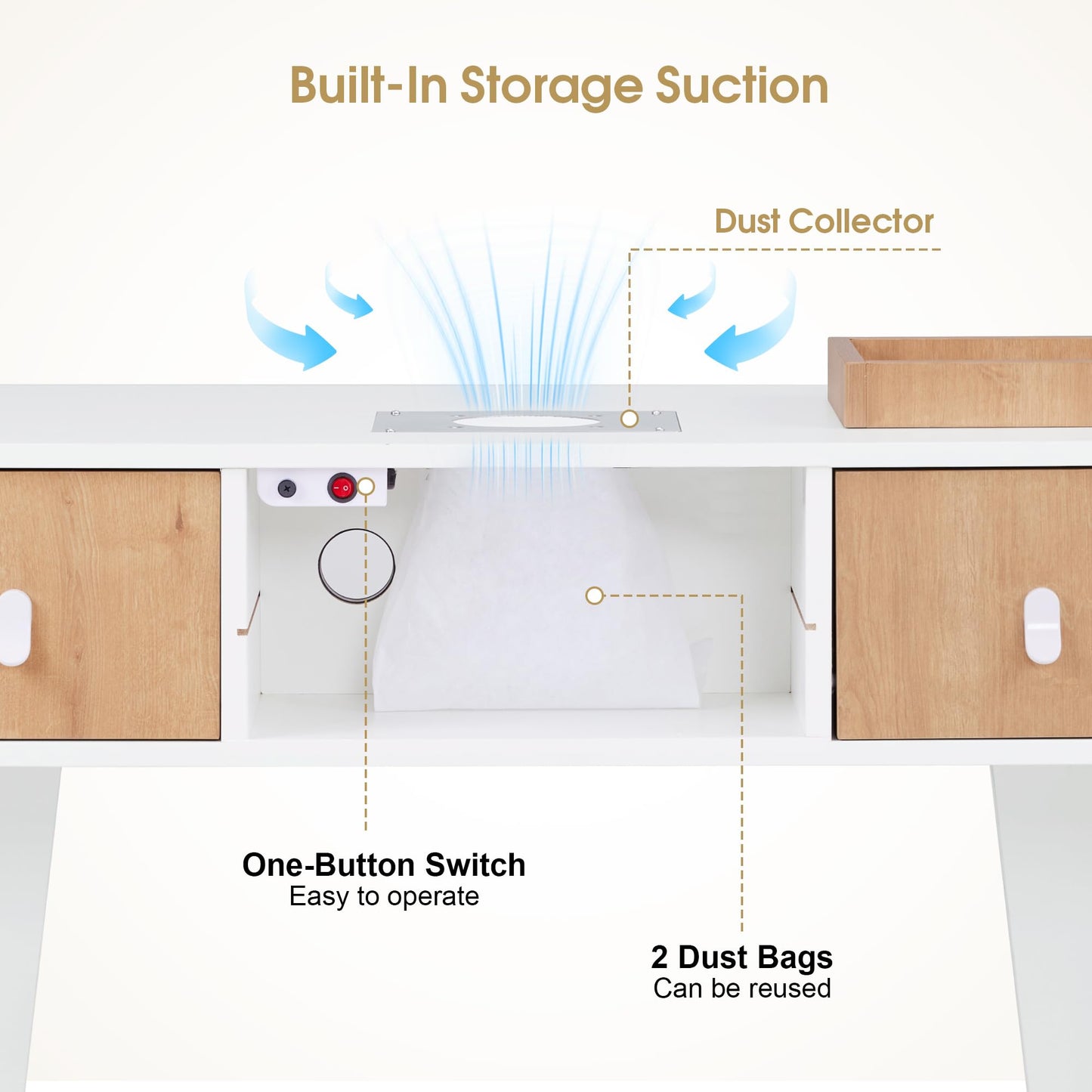BarberPub Manicure Table with Electric Dust Collector & 2 Dust Bags, Beauty Nail Art Desk with Built-in Socket, Salon Nail Supplies Storage Workstation with Nail Vacuum Cleaner VC232 (White&Teak)