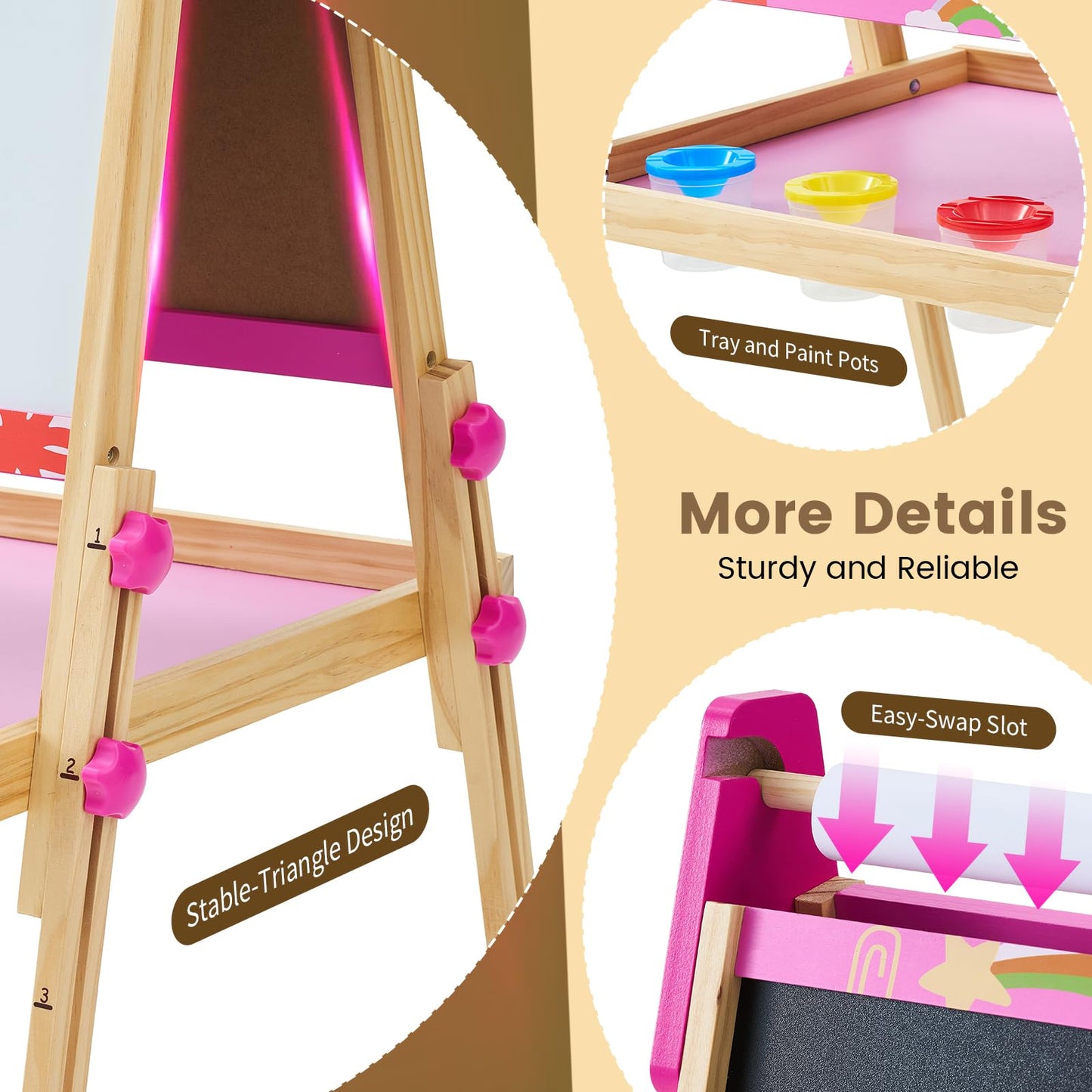 DUMOS Kids Easel Set with Paper Roll, Adjustable Height Wooden Double-Sided Magnetic Chalkboard & Whiteboard Art Station for Ages 3+, Dry Erase Board, Gift Idea with Accessories for Girls and Boys