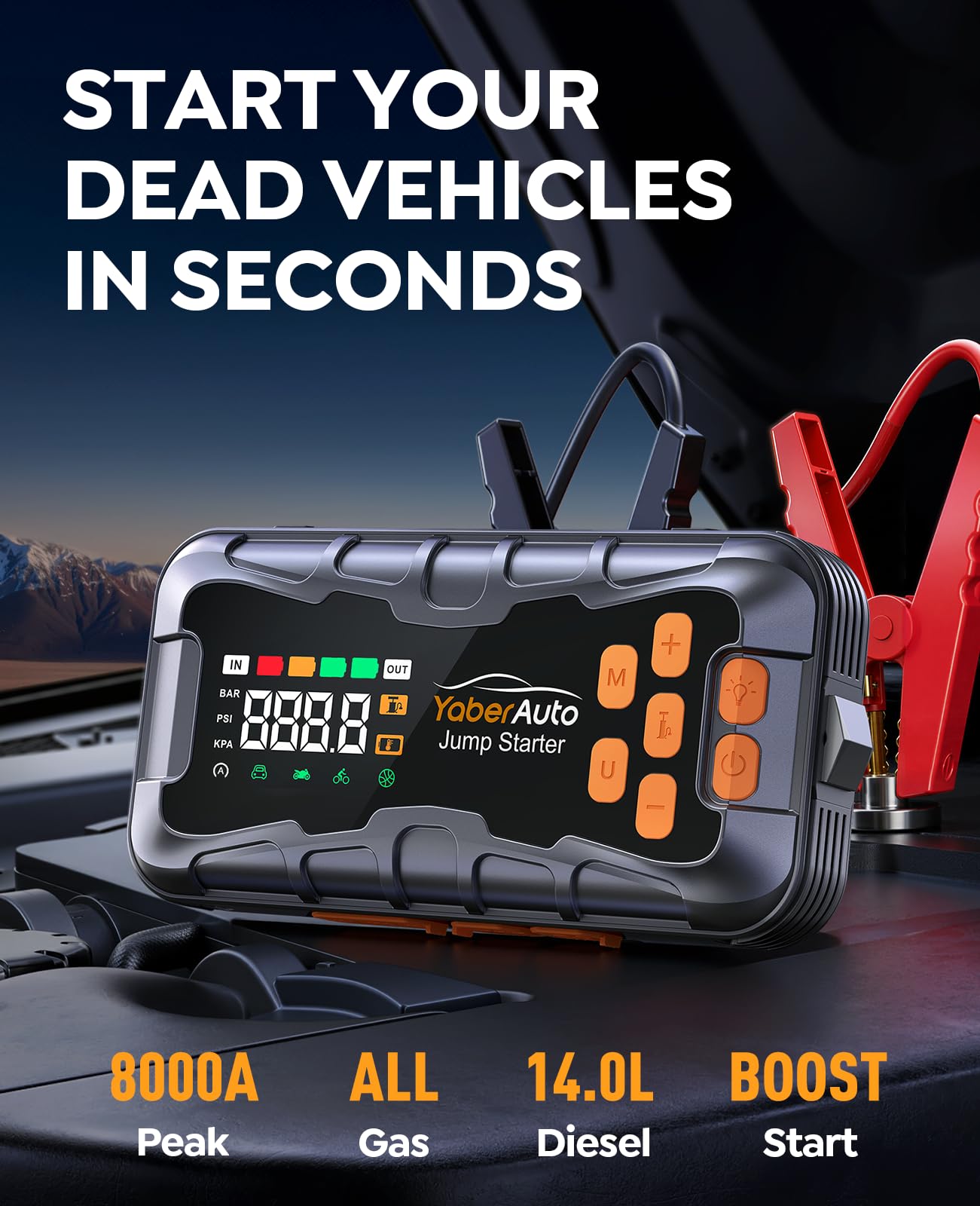 YaberAuto 16-in-1 Jump Starter with Air Compressor 8000A 160PSI Car Battery Jump Starter (All Gas/14L Diesel) 12V Jump Box Car Battery Jumper Starter Portable Jumper Cables, Emergency Tool Kit, Gloves