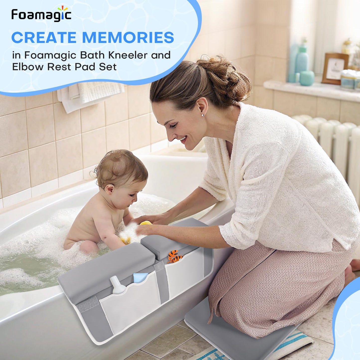 Bath Kneeler and Elbow Rest Pad Set, Comfortable Baby Bath Kneeling Pad for Tub with Toy Organizer Pockets, Non-Slip Knee Pad for Bathing Baby, Quick Dry Bathtub Mat for Toddler & Infant - Grey