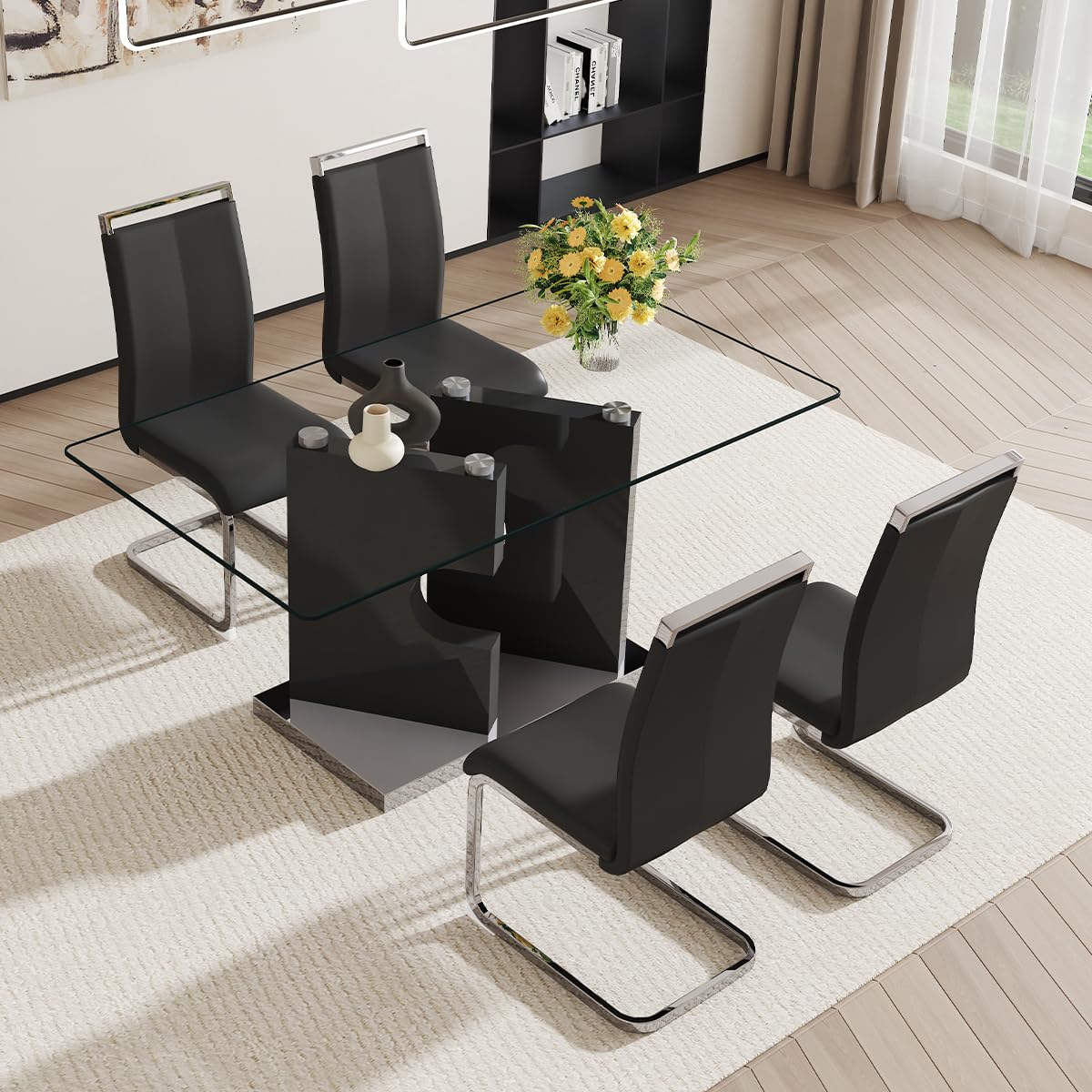 JEARGE Glass Dining Table Set for 4,Dining Room Table Set for 4 with PU Leather Chairs,Retangular Dining Tabletop with MDF Legs and Sliver Base for Dining Room (Black Chair, 1 Table + 4 Chairs)