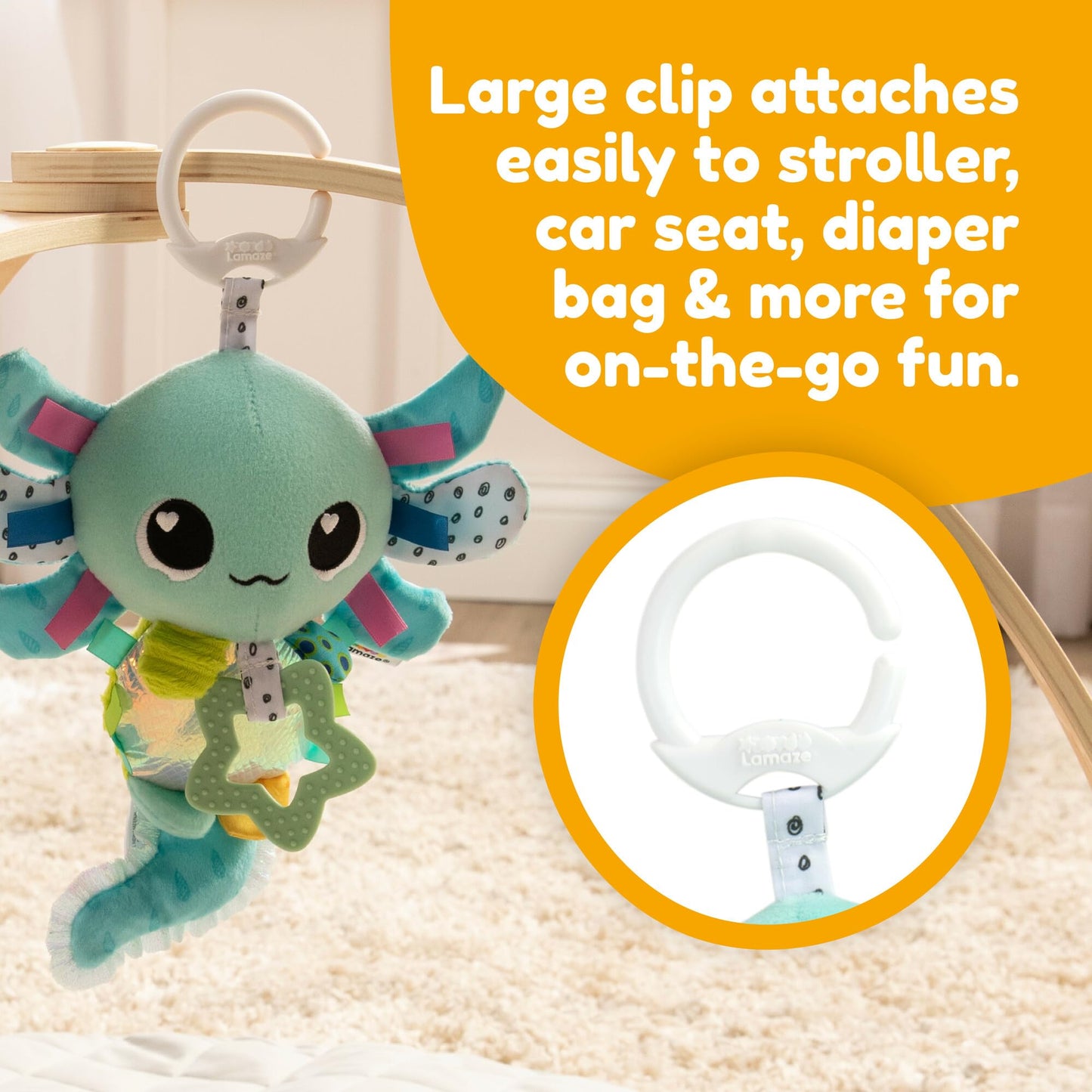Lamaze Clip On Car Seat and Stroller Toy - Alise The Axolotl - Crinkle Car Seat Toys and Stroller Toys - Sensory Toys for Babies - Baby Gifts and Toddler Stocking Stuffers - Ages 0 Months and Up