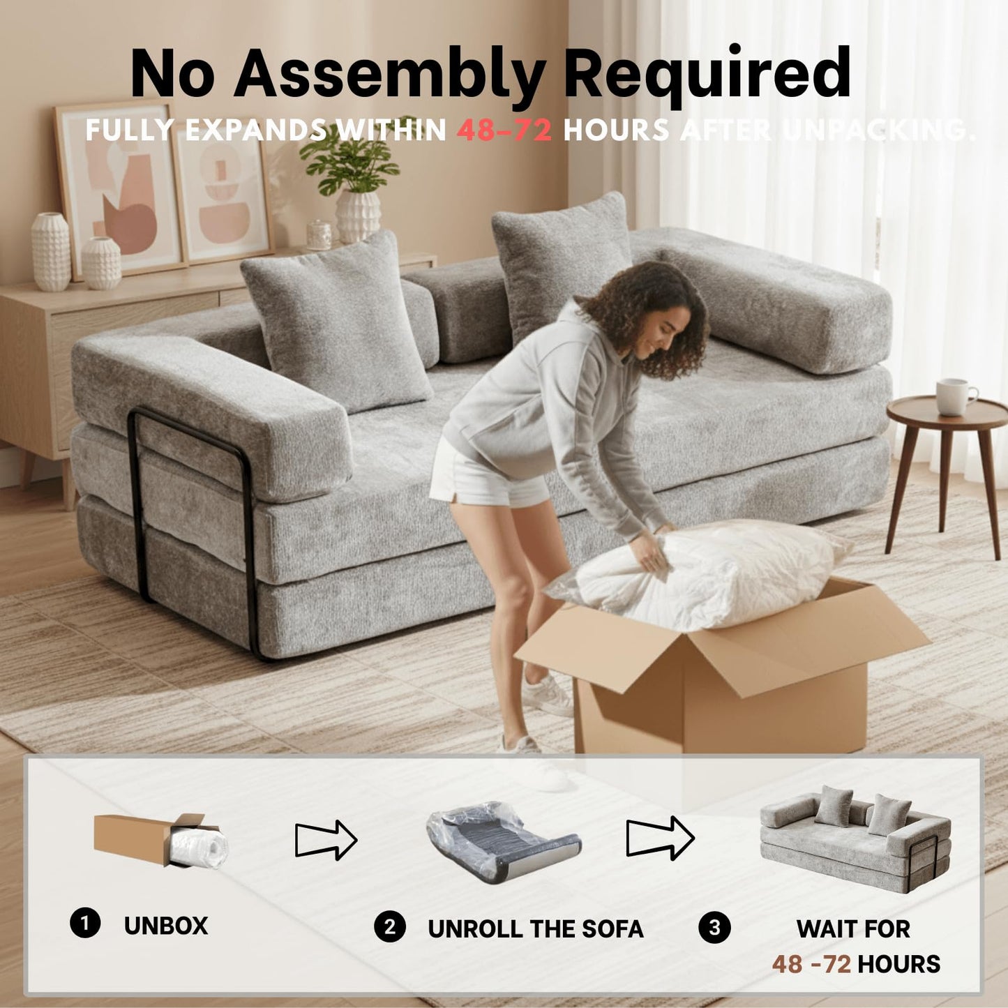 Alpen Convertible Sleeper Sofa Bed, 77" Sofa Bed Full Size with L-Shaped Armrests, Pull Out Sofa Beds Queen Size Couches for Small Living Room for Living Room Bedroom, Light Grey