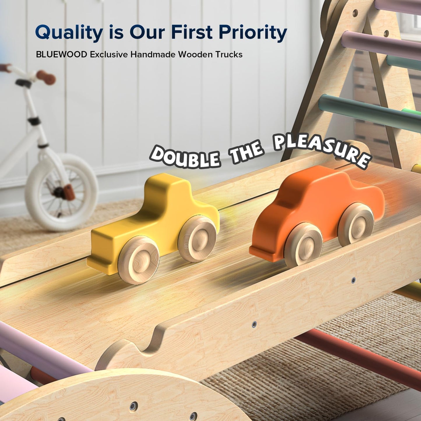BlueWood Pikler Triangle Set 7in1 Foldable Baby Climbing Toys Wooden Montessori Climbing Set with Arch&Ramp&Ladder Baby Climber Indoor Jungle Gyms for Toddlers Montessori Toys - Rose Garden