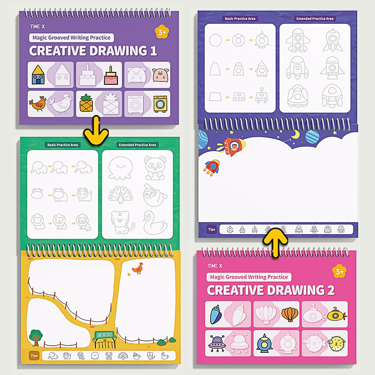 TIME X Magic Grooved Writing Practice Books, Reusable 3D Groove Handwriting Practice Workbooks for Kids Ages 3-8, Large Preschool Writing Books with Disappearing Ink for Kids 5-7 (Practice 6-Books)