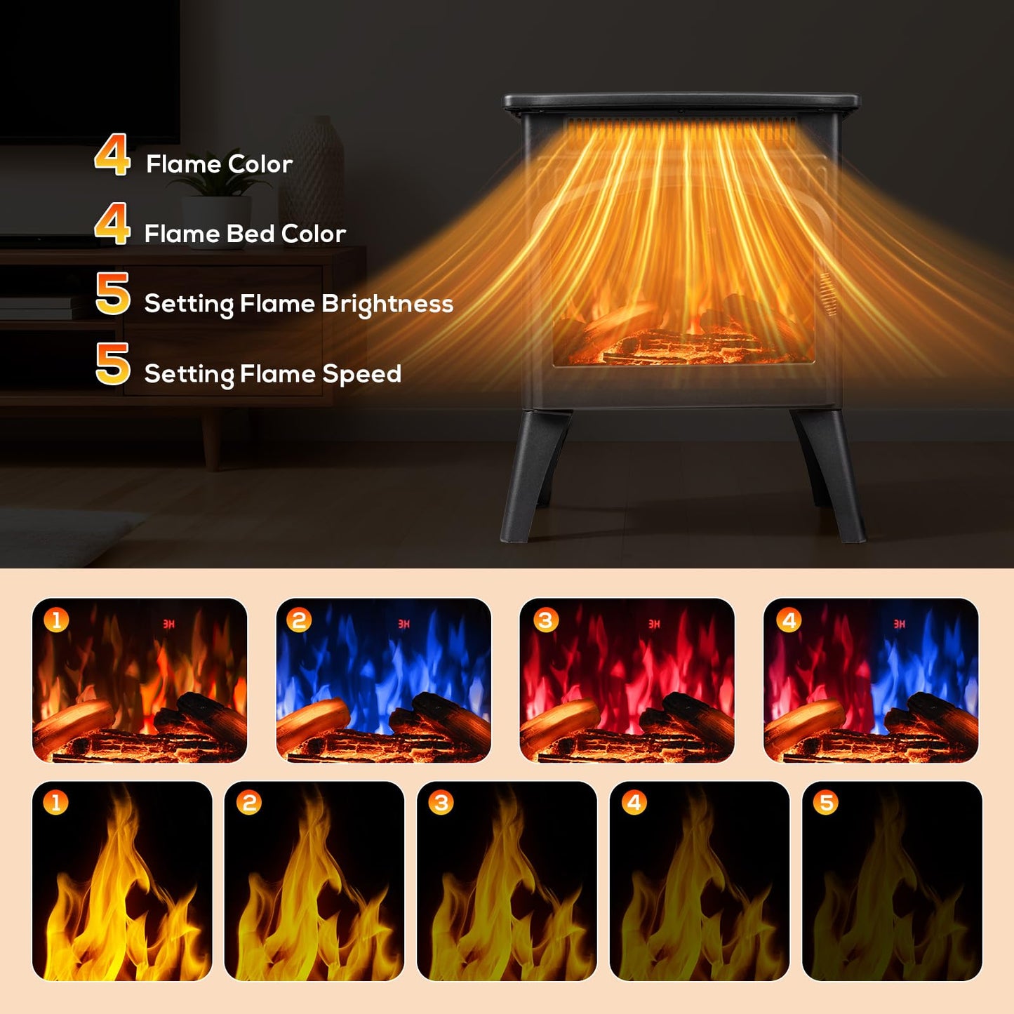 ZAFRO 21" Freestanding Electric Fireplace with Remote, Fireplace Space Heater with Adjustable Flame Color and Brightness, Thermostat/Sleep Mode/Overheat Protection for Bedroom, Living Room(Black)