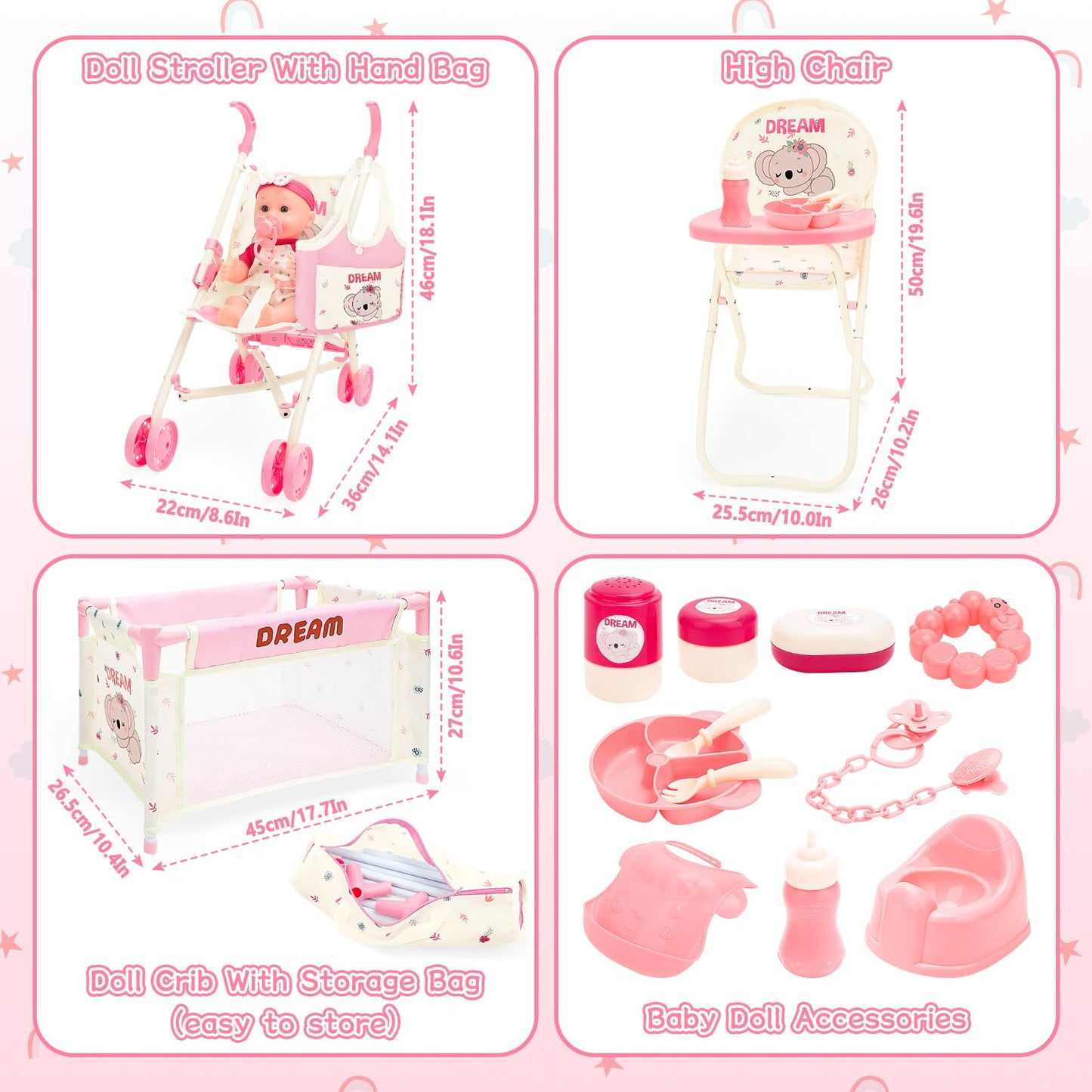 deAO Baby Doll Stroller Toys with 12" Baby Doll Accessories Crib Bed High Chair Nursery Role Play Set Play Mat,Travel Cot,Bouncer,Foldable Stroller,Travel Bag, Birthday Gifts for Toddlers Girls Boys