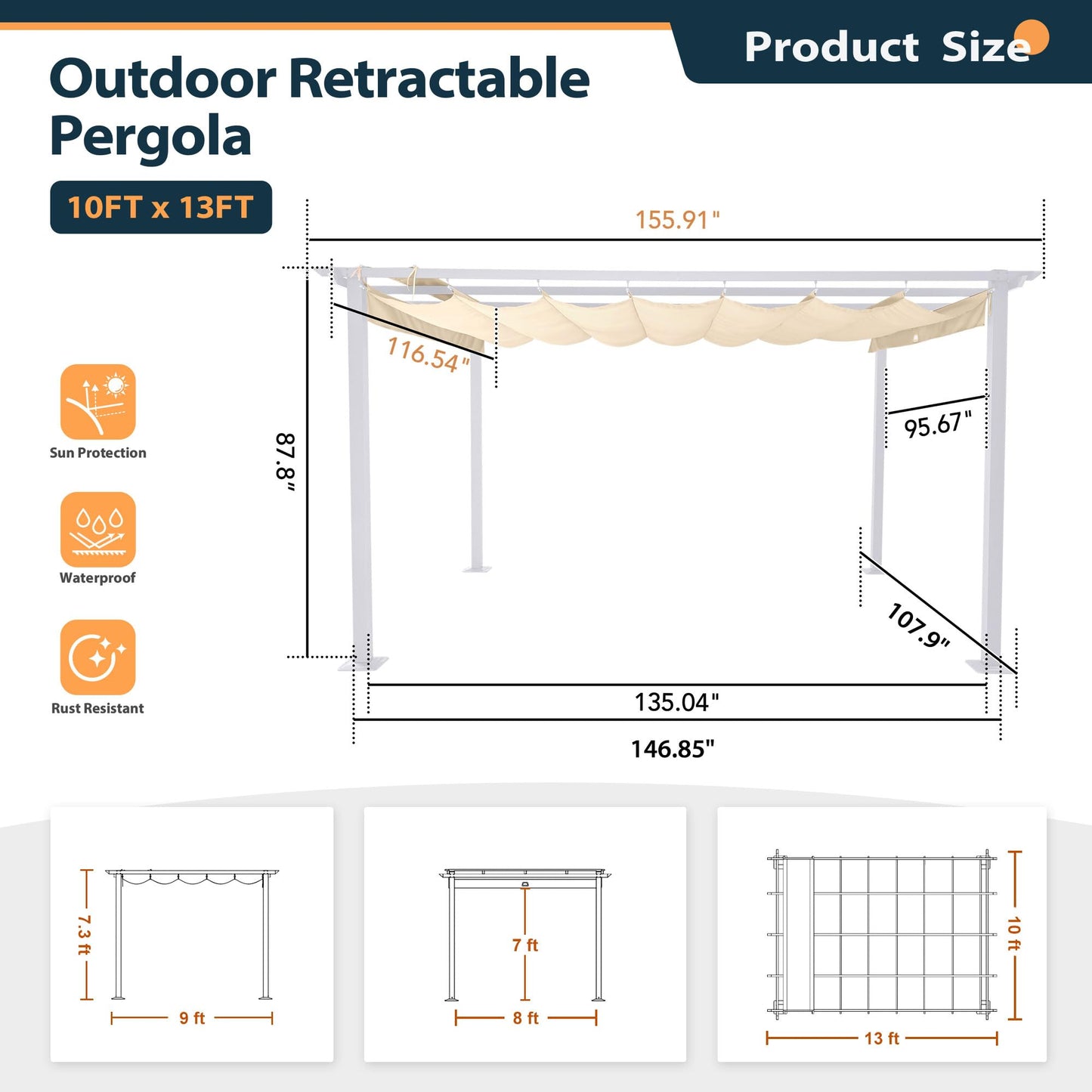 HAPPATIO 10' X 13' Outdoor Retractable Pergola Canopy with White Frame for Backyards, Gardens, Patio Pergola with Sun Shade Canopy (Beige)