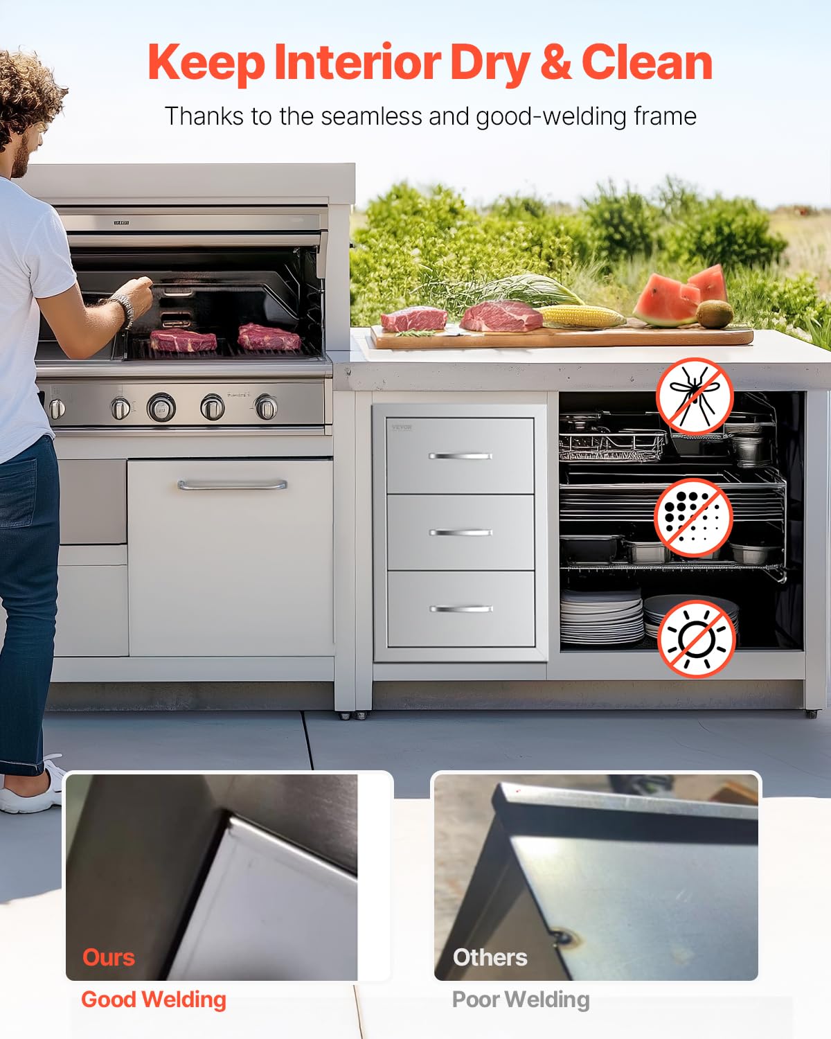 VEVOR Outdoor Kitchen Drawers, 18.5" W x 22.5" H x 22.5" D Triple Access Drawers, Stainless Steel Flush Mount Cabinets, BBQ Island Storage with Handle, for Outdoor Kitchens or Patio Grill Station