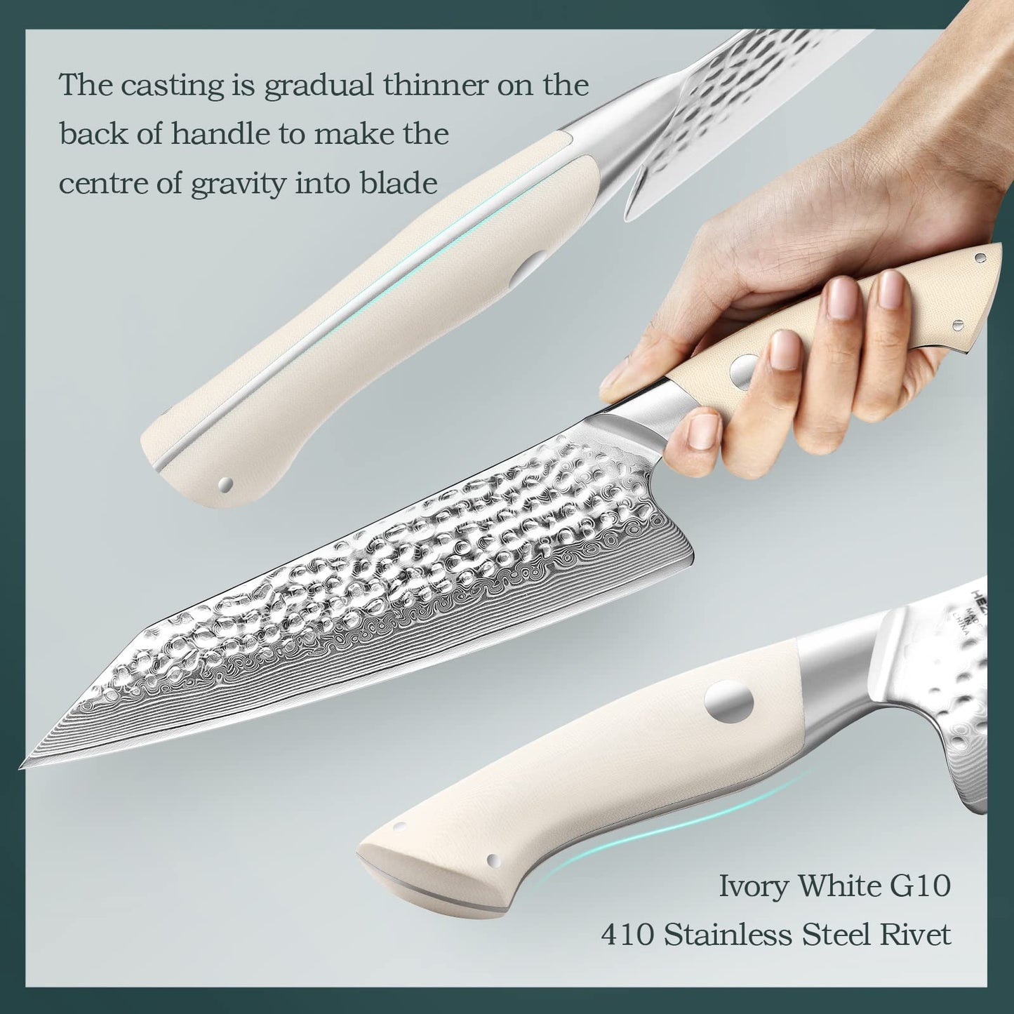 HEZHEN 5PCS Damascus Steel Kitchen Knife Set, 67 Layers Chef, Universal Peeling, Paring, Bread Knife, Ivory White G10 Handle Cooking Tools