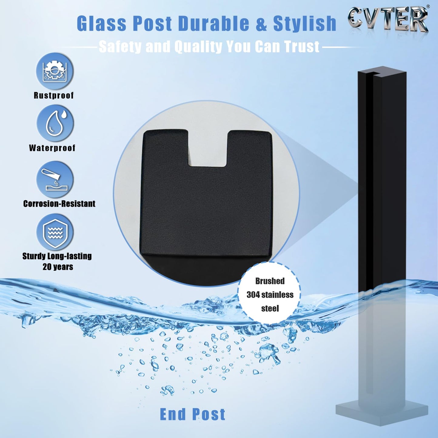Cvter Glass Railing Post, No-Punch Heavy-Duty Glass Railing with Spigot Slots & Base, 304 Stainless Steel Clamp Bracket for Deck Balusters, Balcony, Patio, Stairs, Black 24in End Post
