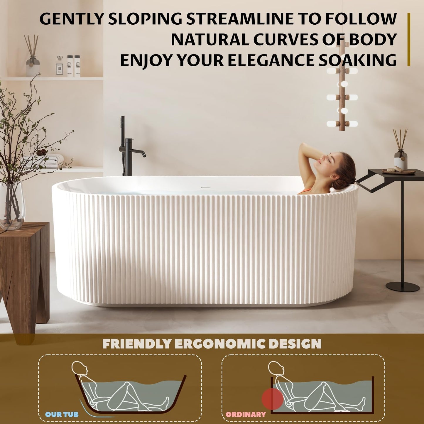 59"Acrylic Freestanding Soaking Bathtub, Deep Ergonomic Design with Lumbar Support, Integrated Overflow Drain, Non-Slip Base,cUPC Certified Modern Bathroom Tub, Easy Installation for Bathroom
