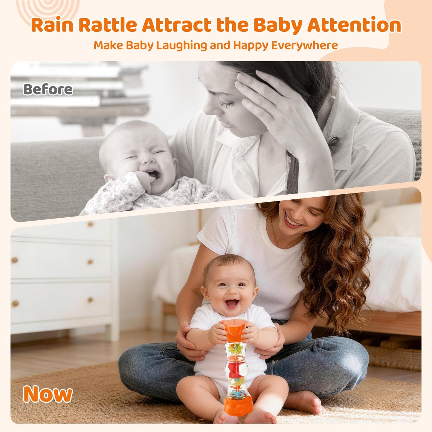 Montessori Baby Toys for 6-12 Months 1 Year Old,Rain Stick Baby Rattle Shaker Infant Sound Toy 9.8” Rainmaker Musical Sensory Tummy Time Toys for 6 7 8 9 10 Months Newborn Toddlers Gifts-Orange