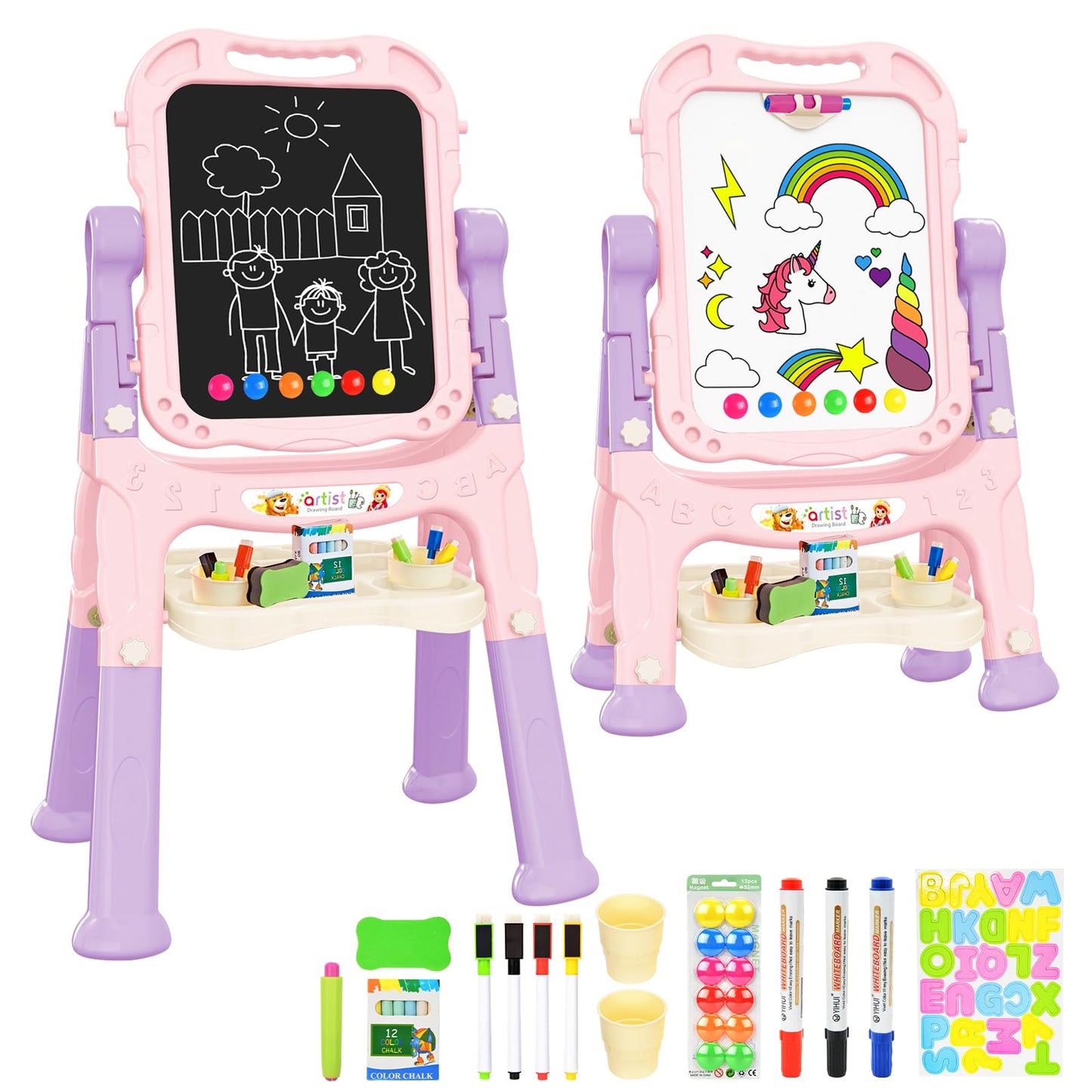 Kids Art Easel, Adjustable Drawing Whiteboard & Chalk Board, Double Sided Toddler Easel with Painting Accessories, Birthday Gift Toy for Little Girls Boy Age 2 3 4 5 (Pink)