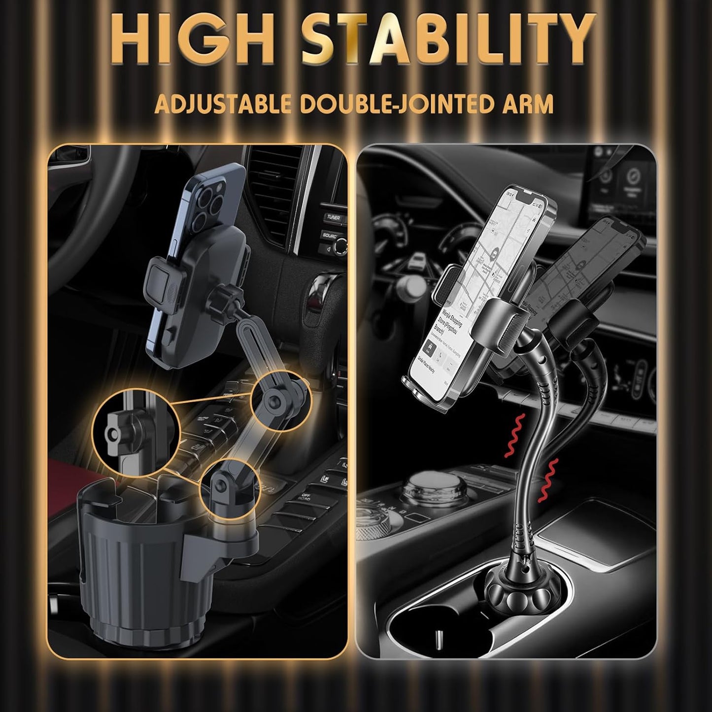 Cup Holder Phone Mount, 2 in 1 Universal Cup Holder Expander Adjustable Base with Phone Mount, Long Arm with 360°Rotation Phone Cup Holder for Car Compatible with All Smartphones