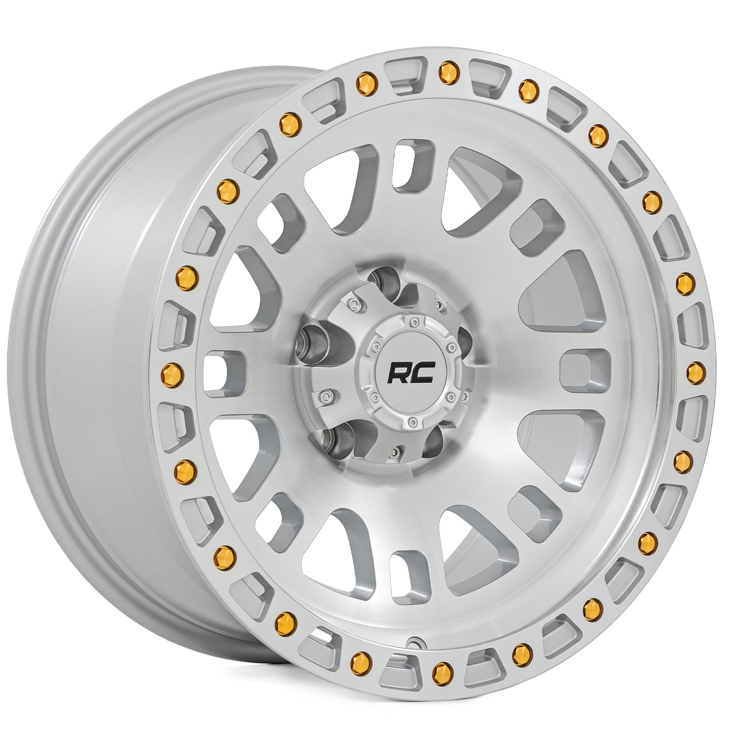 Rough Country 82 Series Off-Road Wheel - 15x8, 5x4.5" Bolt Pattern, 19mm Offset, Full Machined Aluminum with 8-Spoke Design & Simulated Beadlock Gold Hardware