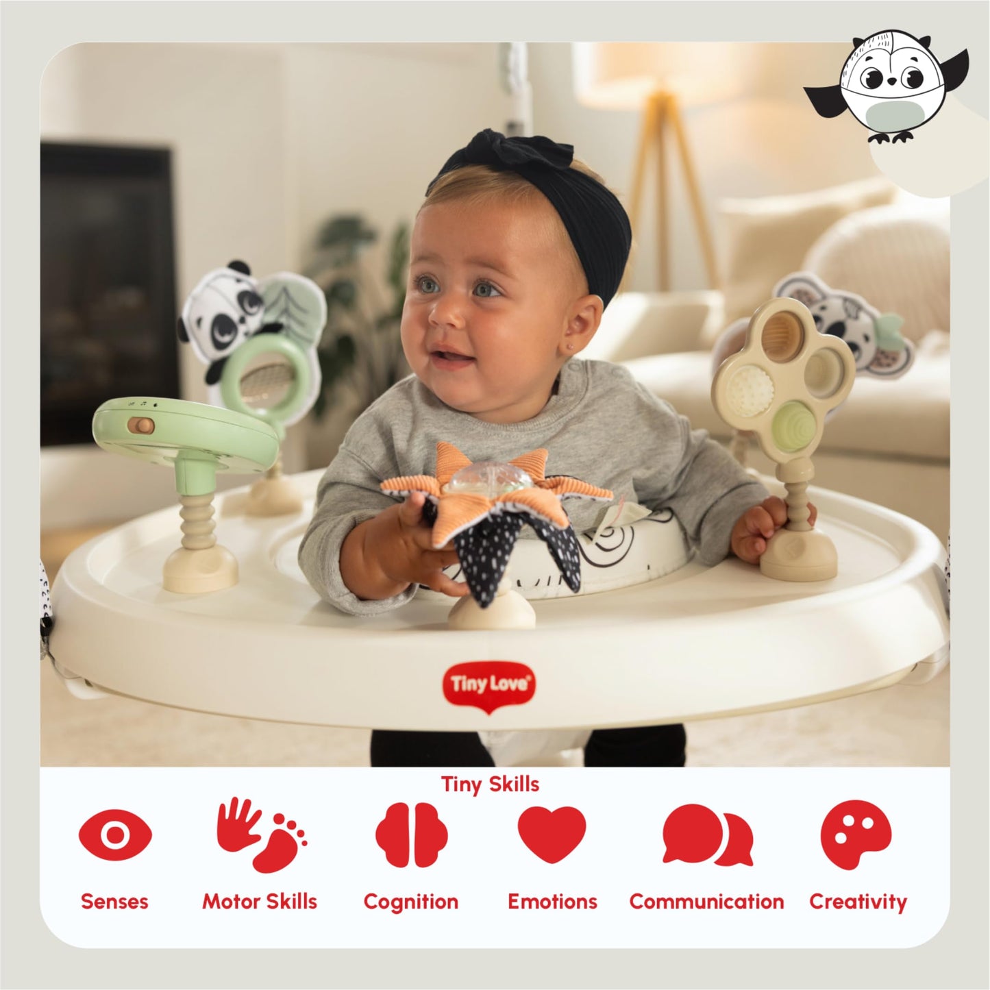 Tiny Love 4-in-1 Jump & Play Stationary Activity Center, Baby Jumper with Lights & Music, Developmental Toys, 360 Swivel Seat, Baby Activity Entertainer for 6 Months+, Black and White