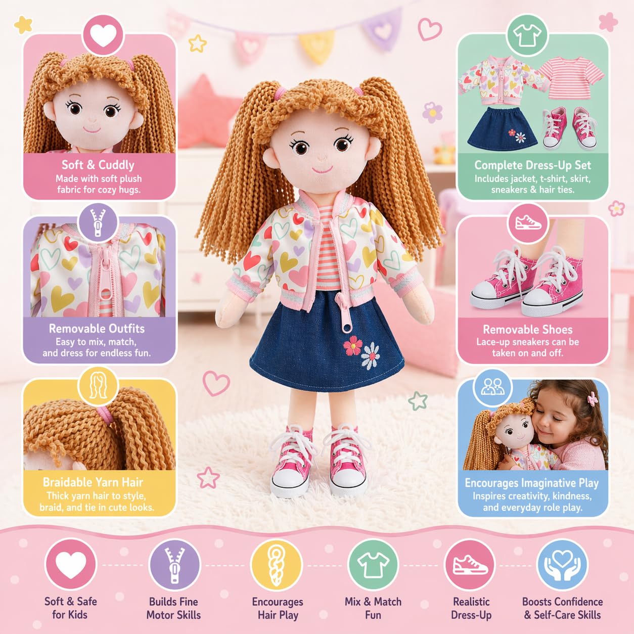 June Garden 14” Snuggle Cutie Doll - Gracie - Soft Plush Doll for Girls and Toddlers - Removable Clothes and Shoes