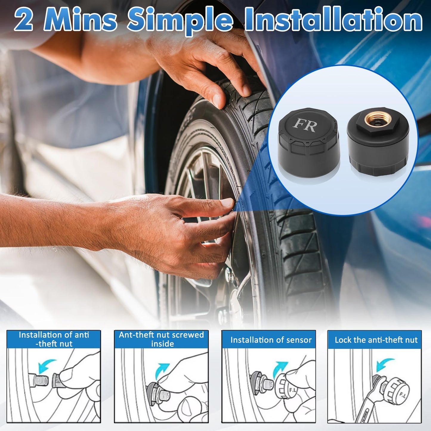 Avutrel Tire Pressure Monitoring System,TPMS with Solar Charging&USB Charging,5Alarm Modes, Real Time Monitoring Pressure and Temperature, Auto& Color Display Screens,Suitable for 4 Wheeled Vehicles