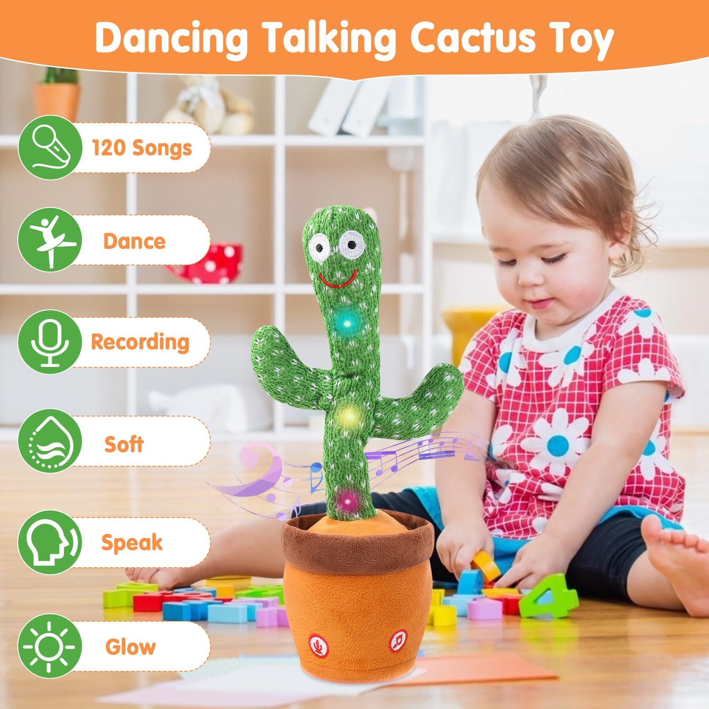 Dancing Cactus Toy for Baby Toddler, Talking Cactus Colorful Glowing Repeating What You Say, Singing Toys 10 Pcs Songs for Baby Gifts