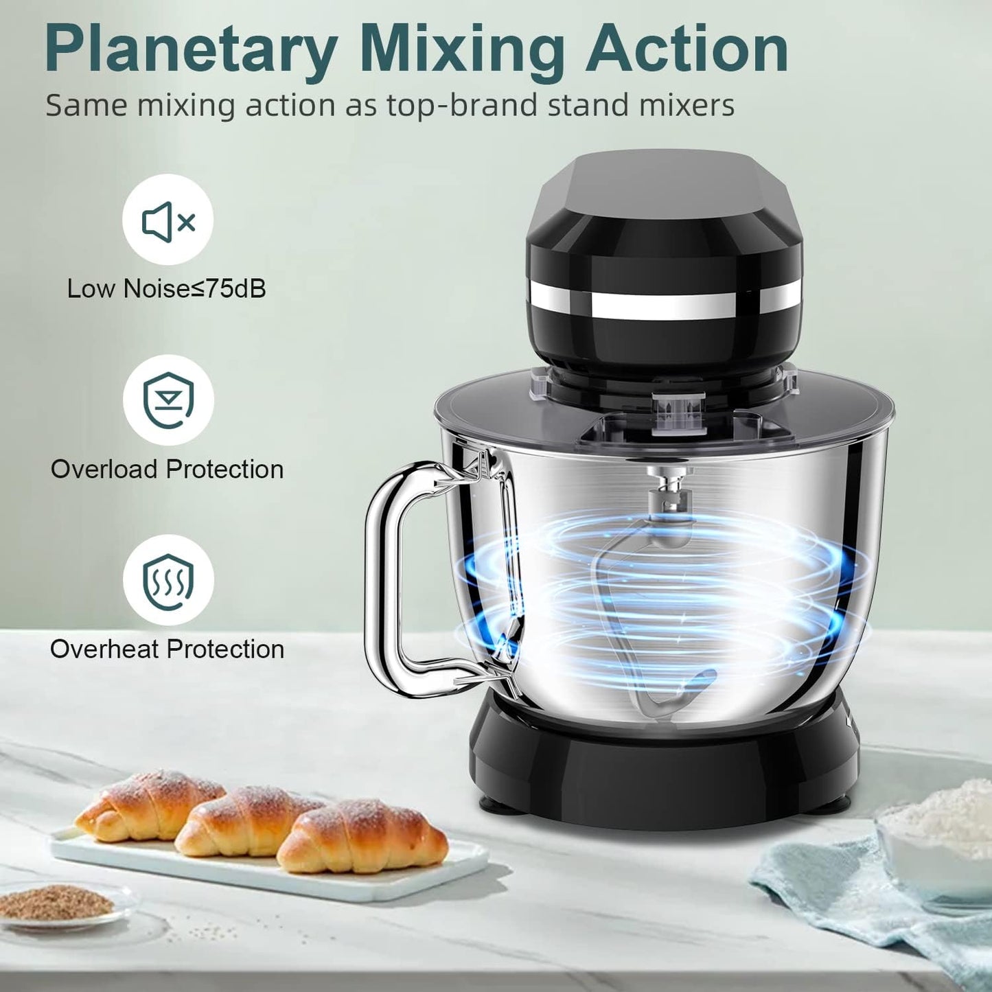 Electric Stand Mixer with 6.5QT Bowl with Handle, Household Food Mixer, Kitchen Mixer with Tilting Head for Bread Dough and Cake with Dough Hook, Whisk, Splash Guard and Egg Separator (Black)