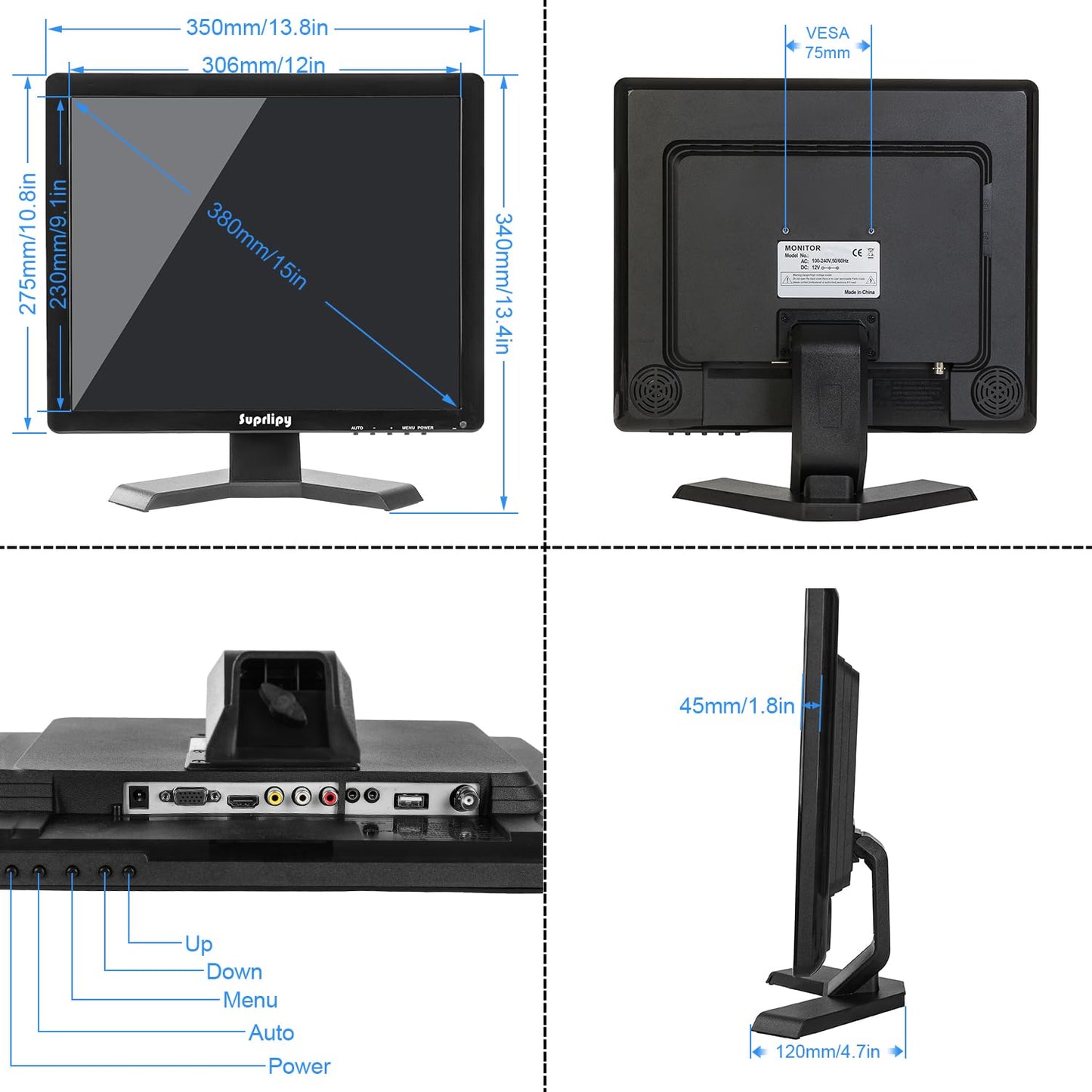 Suprlipy 15 Inch Touch Screen Monitor 1024x768 Support HDMI VGA AV USB BNC, 10 Points Capacitive Touch TFT LED Monitor for Laptop PC Xbox PS5/PS4 Switch POS Systems Built-in LounSpeakers