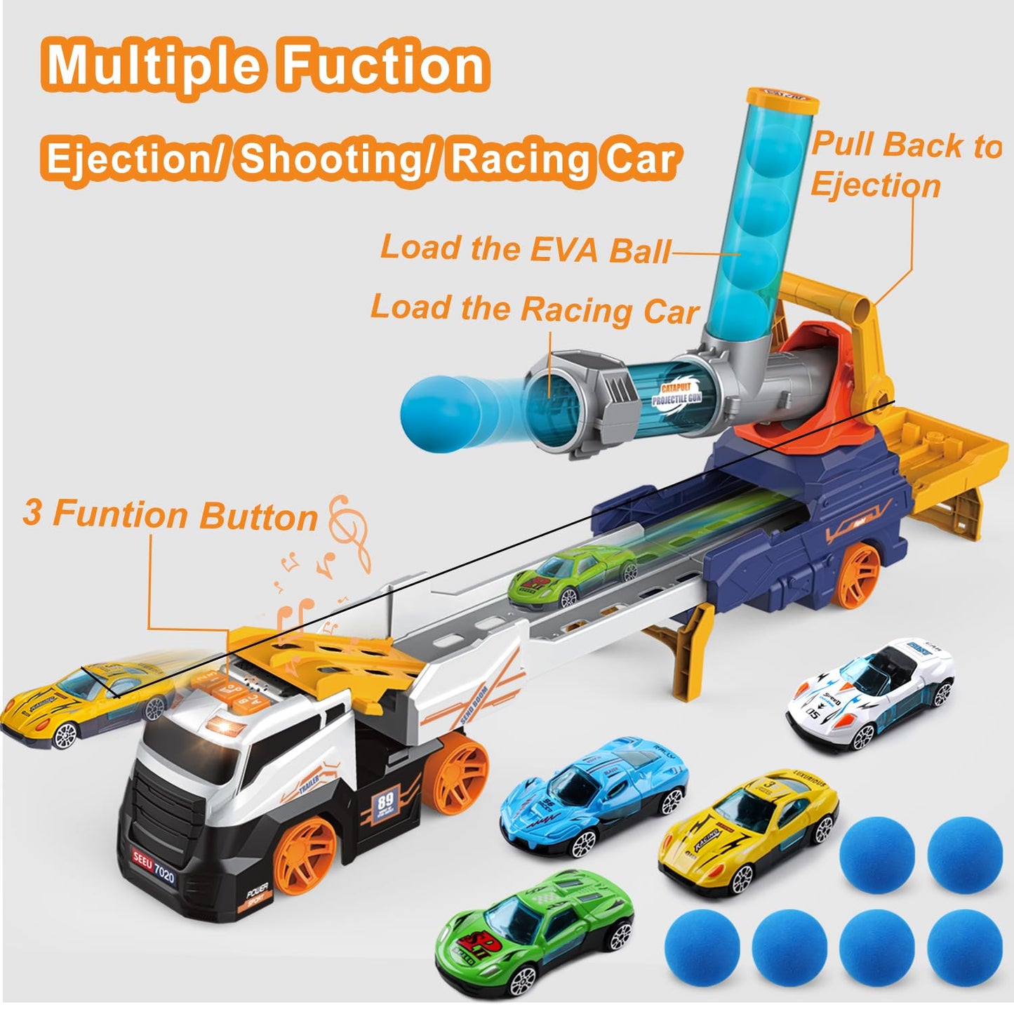 Dwi Dowellin Truck Toys for Kids, 28" Large Car Toys Include 4 Race Cars+6 Soft Foam Balls, with Light & Sounds, Eejection&Shooting Transport Trucks Toy, Gifts for Boys Girls 3 4 5 6 7 8+ Year Old