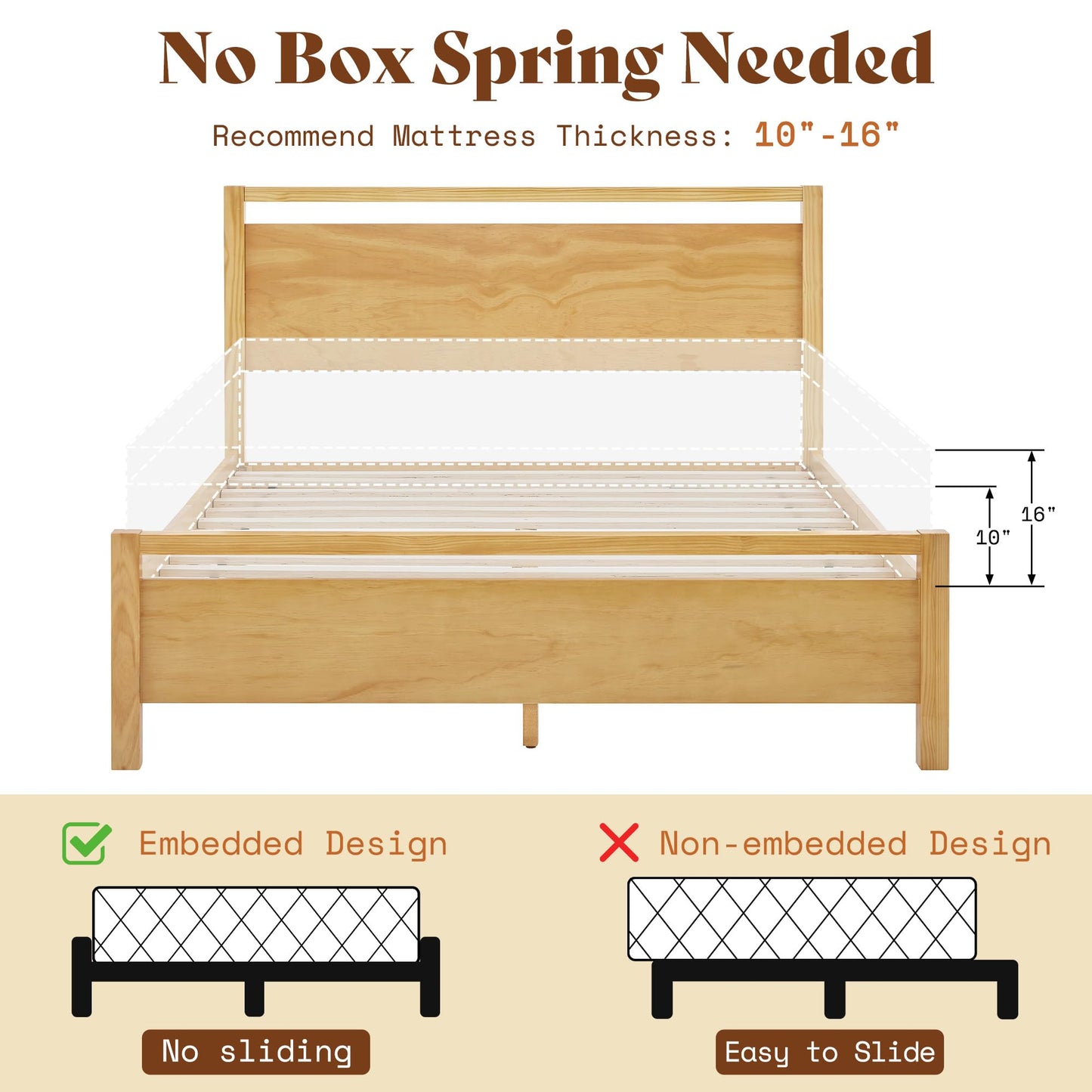 AMERLIFE Queen Size Solid Wood Bed Frame with Headboard, Minimalist Platform Bed with Wood Slats Support/No Box Spring Needed/Easy Assembly/Noise-Free, Natural