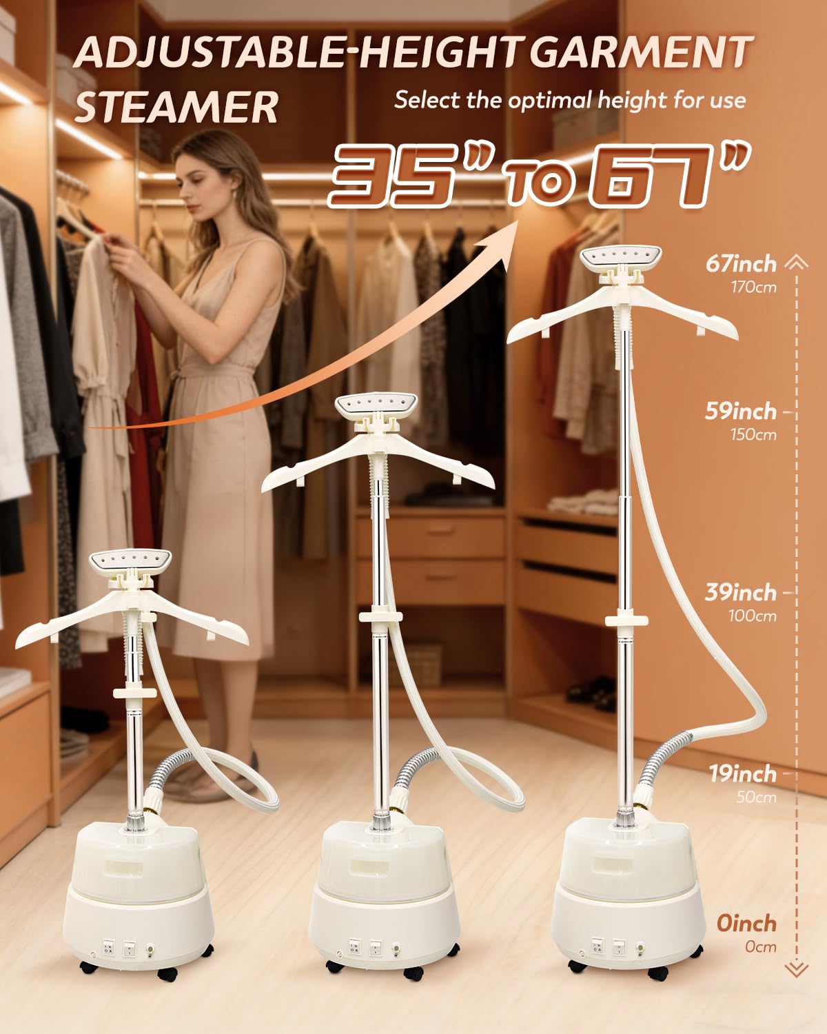 Hapyvergo Standing Garment Steamer with Ironing Pad, 2200W Steamer for Clothes, 3L Tank, 70-Min Continuous Steam, 40s Fast Heating, Adjustable Height, Drain Port Design, Universal Wheels, White