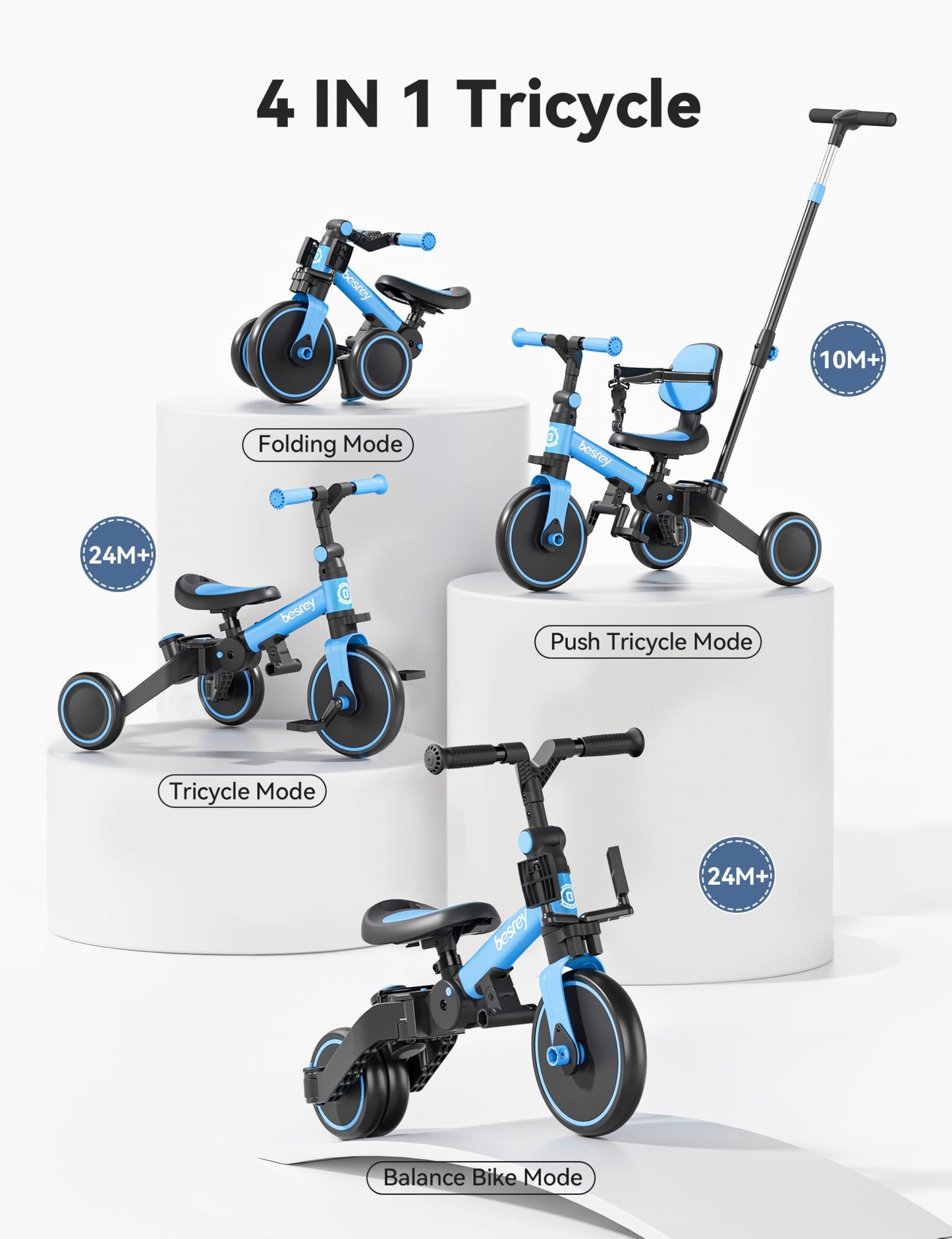 besrey 4 in 1 Toddler Bike, Toddler Tricycle for 1-3 Year Old, Trike with Push Handle, Backrest and Safety Belt, Birthday Gifts and Toys for Boys and Girls, Balance Bike (Blue)
