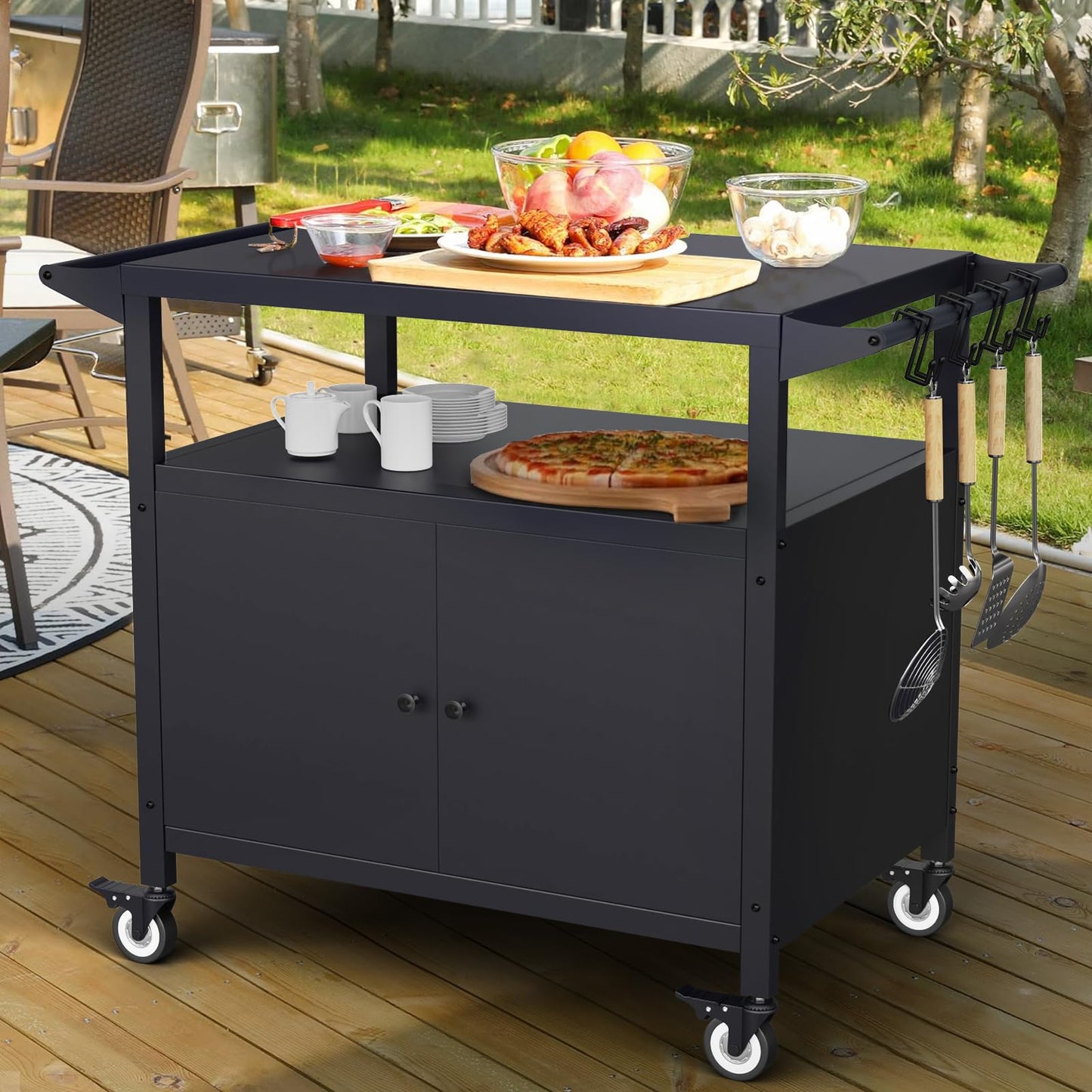 SEUNSHANY Outdoor Grill Table with Storage, Movable Grill Cart, Outdoor Kitchen Island Prep Stand Station,Blackstone Griddle Stand, BBQ Serving Cart Rolling Bar Cart with 4 Utensil Hooks 1