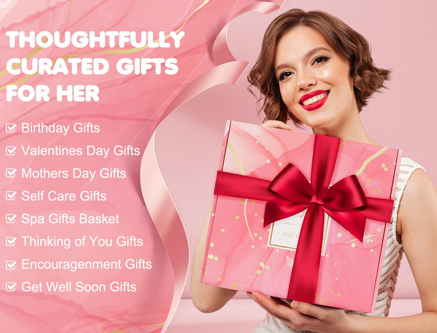 Birthday and Get Well Gifts for Women - Relaxing Spa Care Package With Luxury Flannel Blanket, Light-Up Rose Flower - Unique Self Care Gift Basket for Mom, Wife, Friends