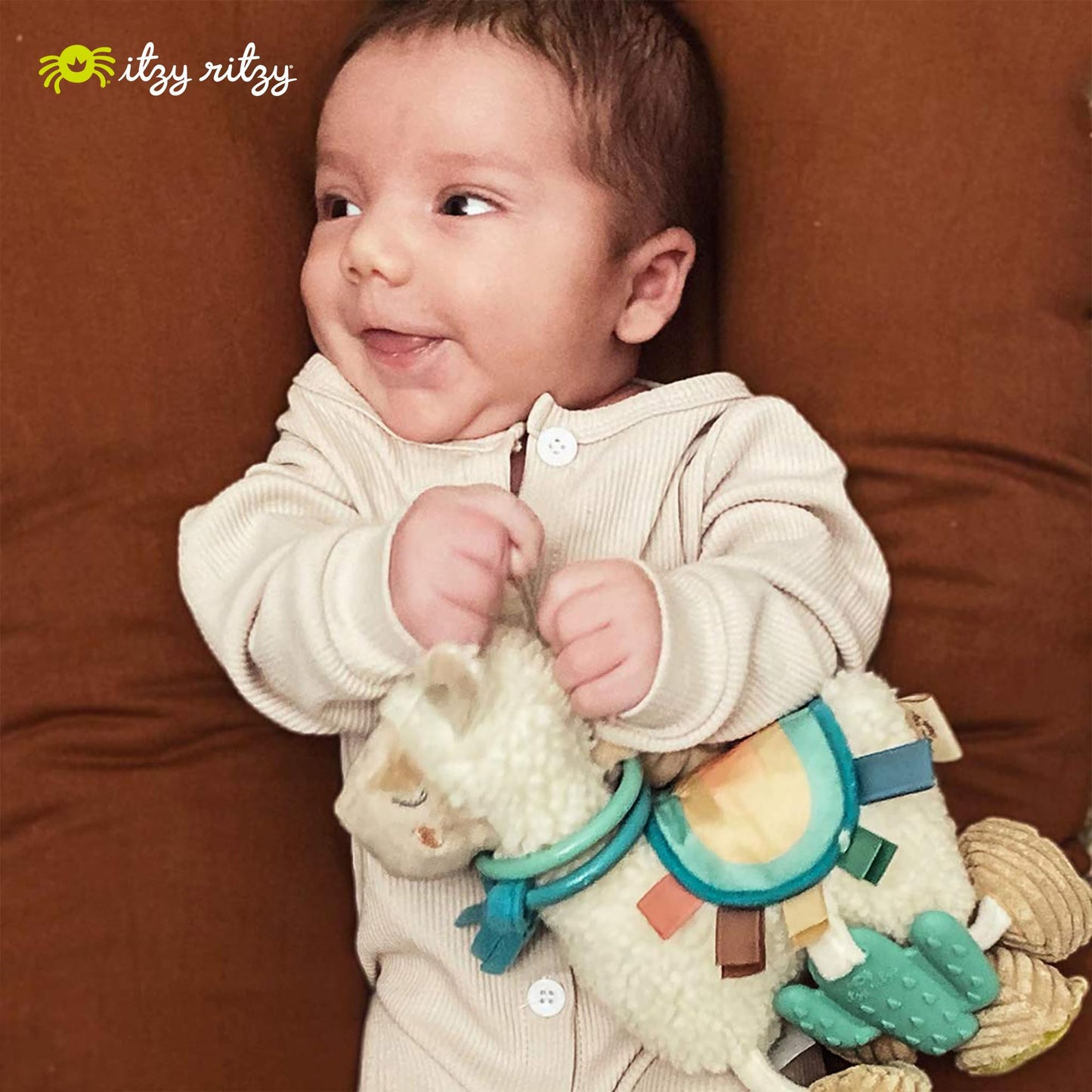 Itzy Ritzy Link & Love Toy for Stroller or Car Seat – Features Textured Ribbons, Crinkle Sounds, Clinking Rings & Silicone Teether – Designed For Ages 0 Months and Up (Llama)