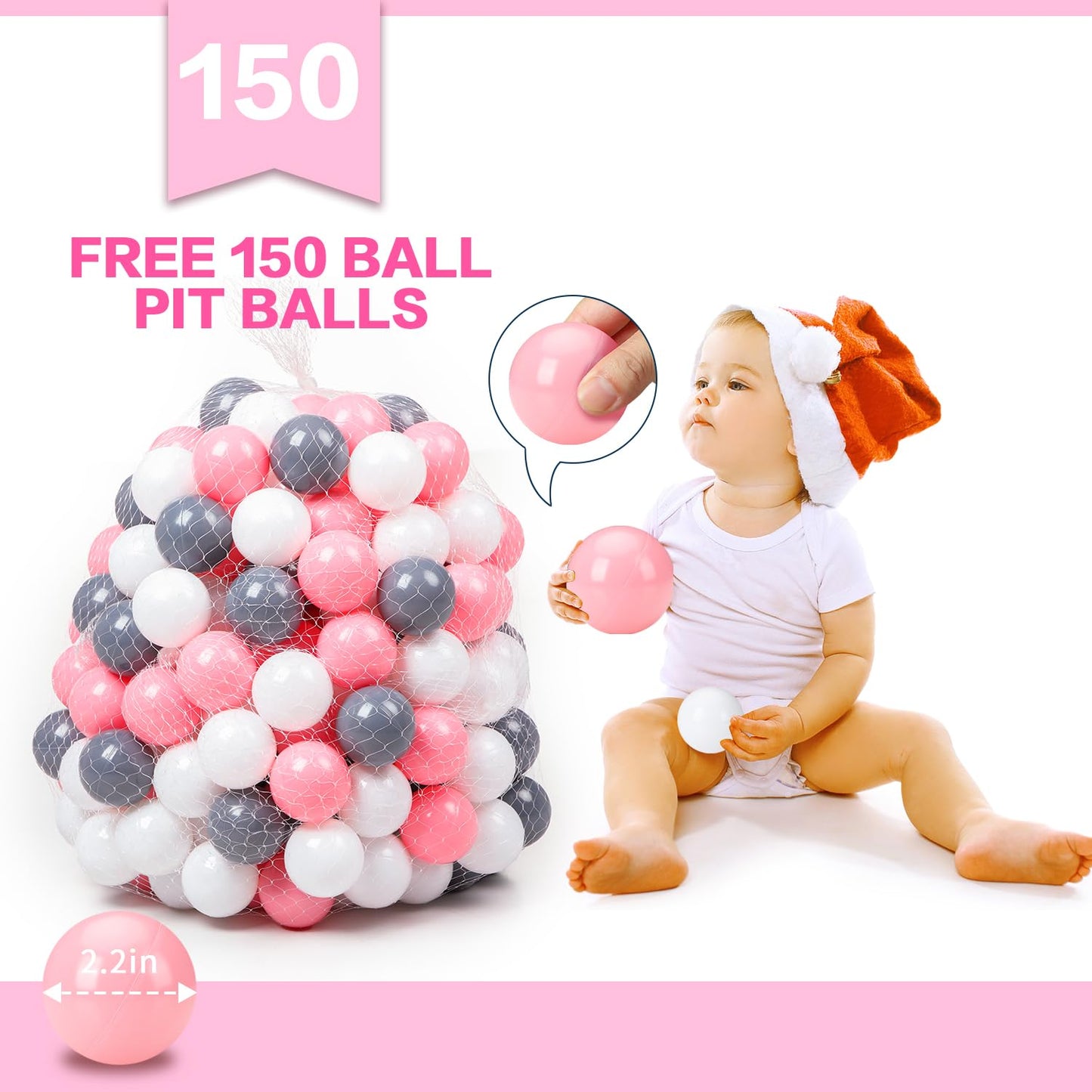 Wilhunter Baby Ball Pit for Toddler with 150 Balls, Kids Pop Up Play Tent for Girls, Princess Toys for Children Indoor & Outdoor Playhouse with Carry Bag (Celadon: Pink/White/Gray, 109x90cm/150 Balls)
