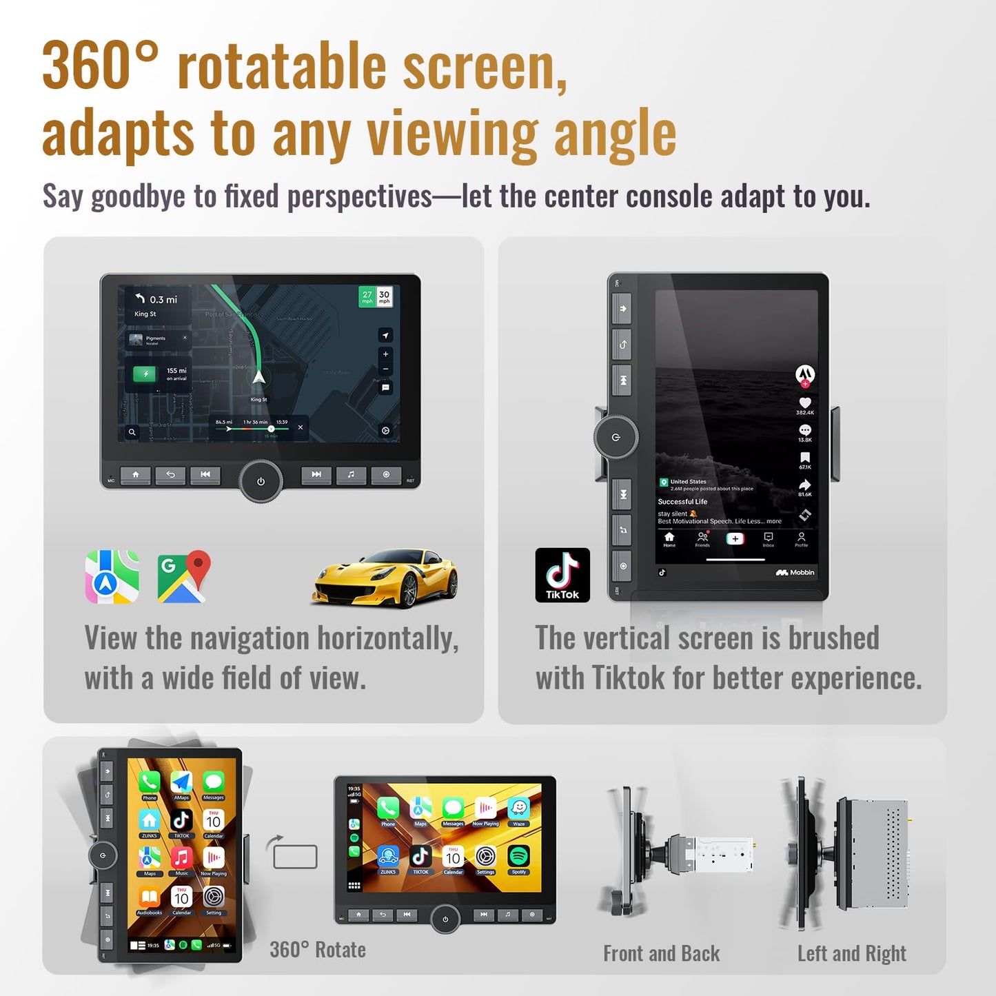 Haudio 10.1" Single Din Android Car Stereo with 360° Rotatable Touch Screen - Android 13, Wireless CarPlay & Android Auto, 2G+64G, Built-in GPS/Wi-Fi/Bluetooth, Includes Backup Camera.