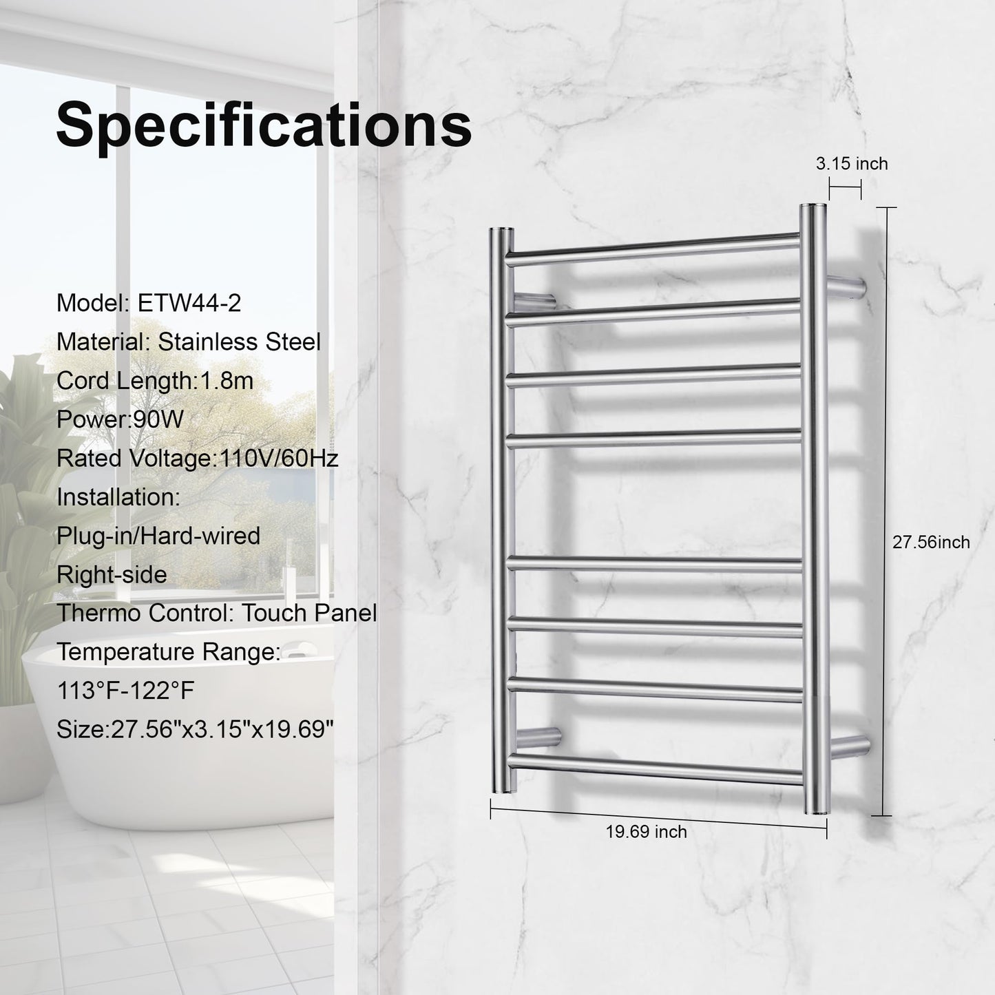 SHARNDY Towel Warmer Polished Chrome for Bathroom Wall Mounted Drying Rack Plug-in Electric Heated Towel Rack Stainless Steel Round 8 Bars Bath Towel Heater 27.56x19.69x4.41 inches