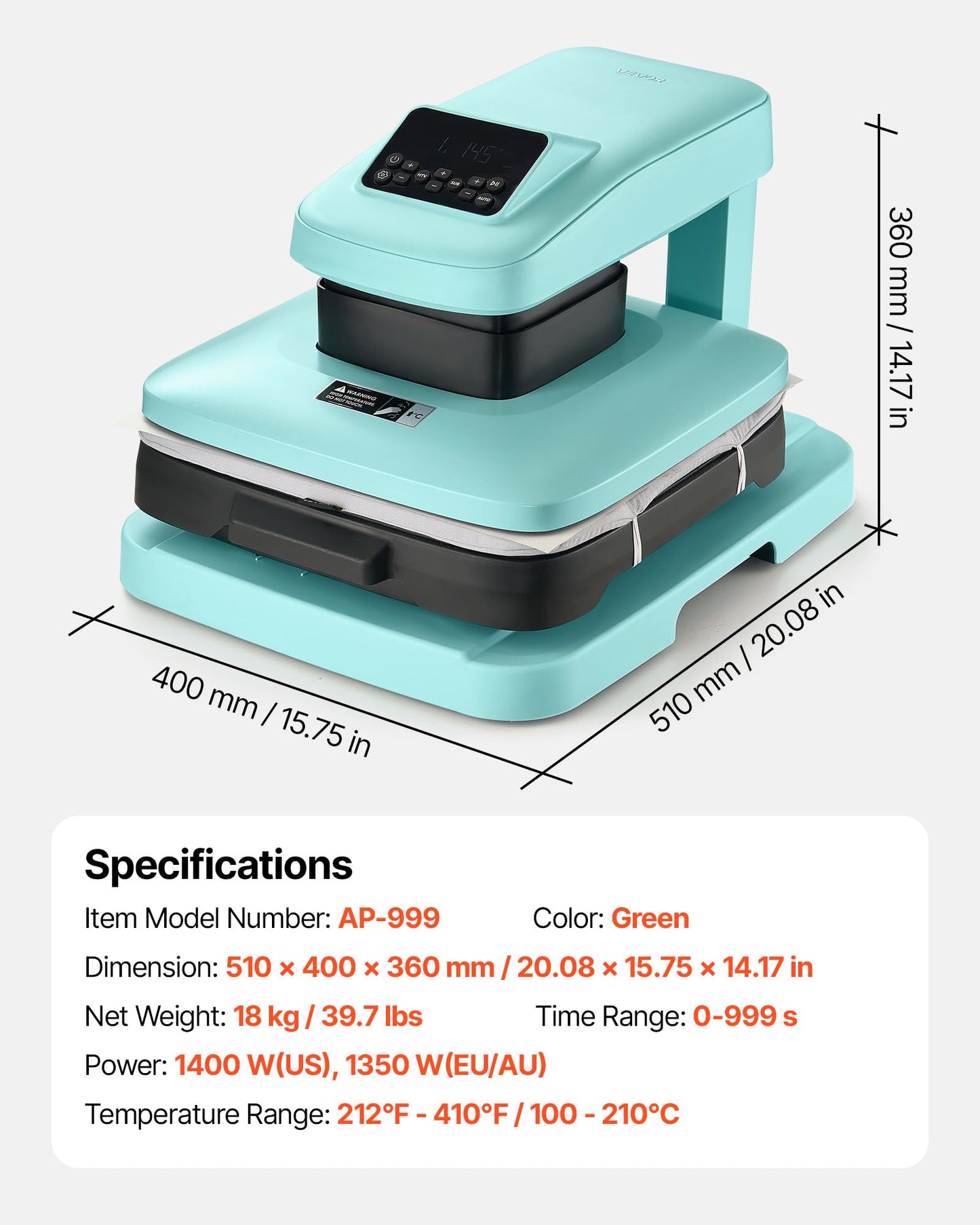 VEVOR Auto Heat Press Machine, 15 x 15 inch, T-Shirt Press Machine with Auto Release and Adjustable Pressure, Digital Display, Rapid Heating, for Sublimation, Vinyl, Heat Transfer Projects, Green