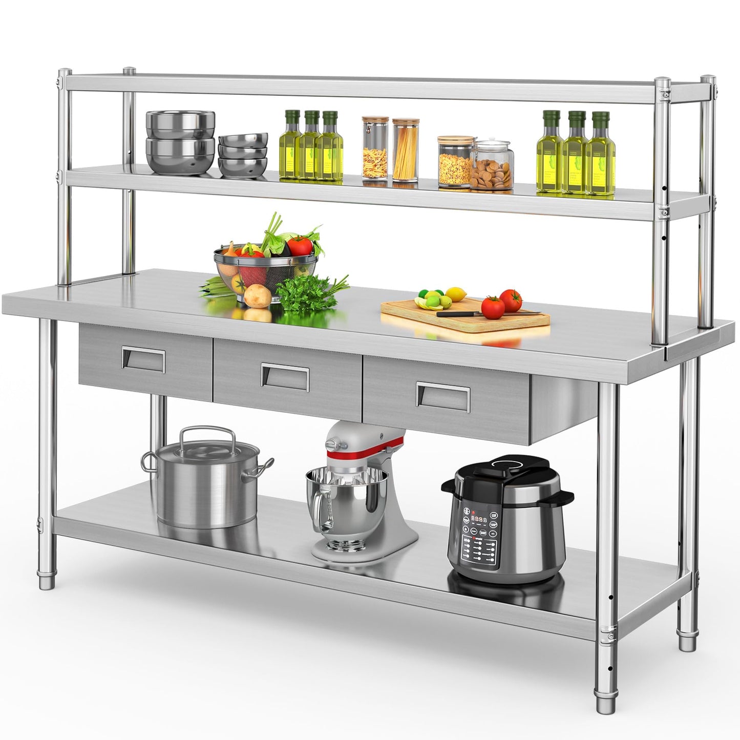 YITAHOME NSF Stainless Steel Table with Overshelves & Drawers, 72" X 24" Worktable with 72" X 12" Shelf & 3 Drawers, Metal Prep Workstation