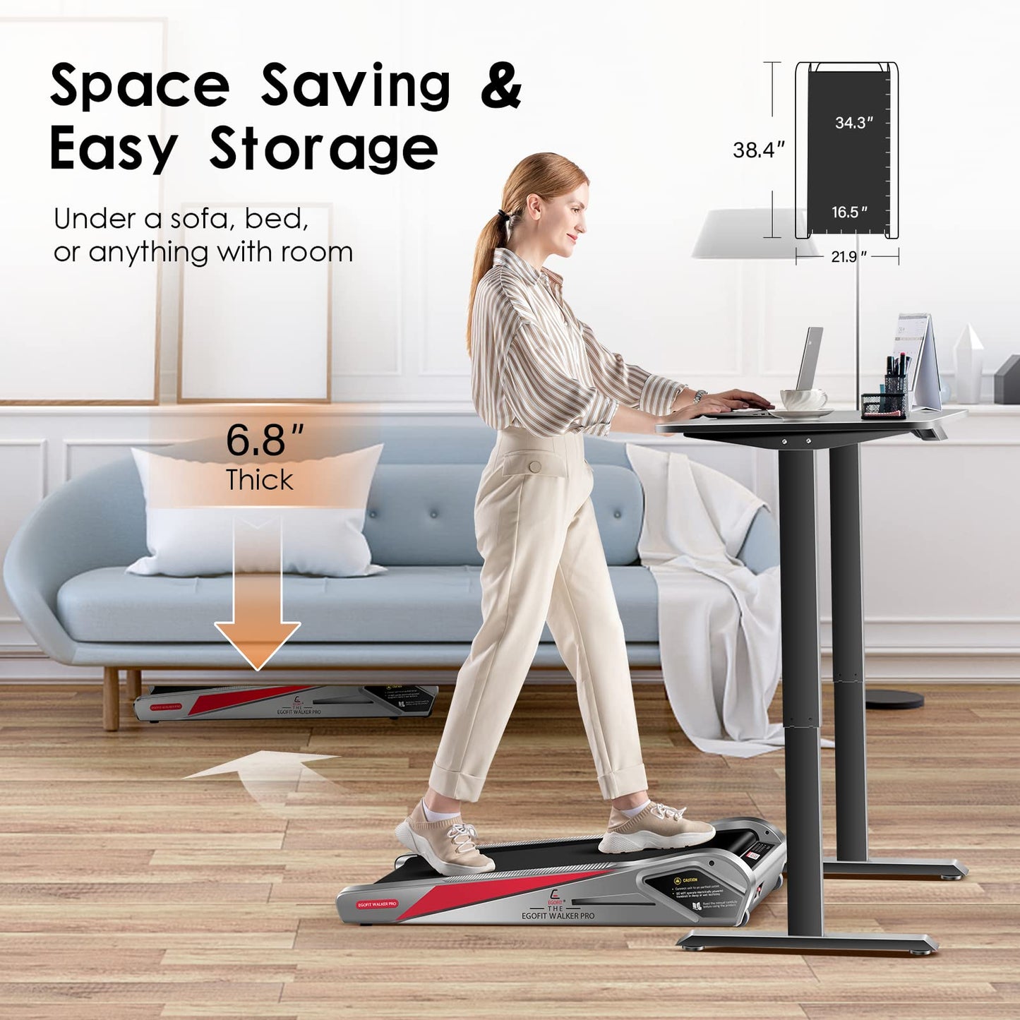 Egofit Walker Pro/Plus Under Desk Walking Treadmill for Working from Home, Compact Walking-Only Treadmill with Fixed 5% Incline for Office Use, Quiet Operation, App & Remote Control