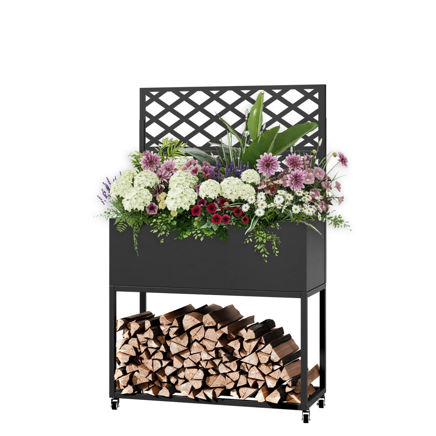 Diyfire Metal Planter Box with Trellis, 55"x35"x16"Metal Raised Garden Bed with Drainage Holes, Raised Garden Beds Outdoor, Privacy Planters Trellis for Climbing Plants, Patio,Garden, Wheels, Black