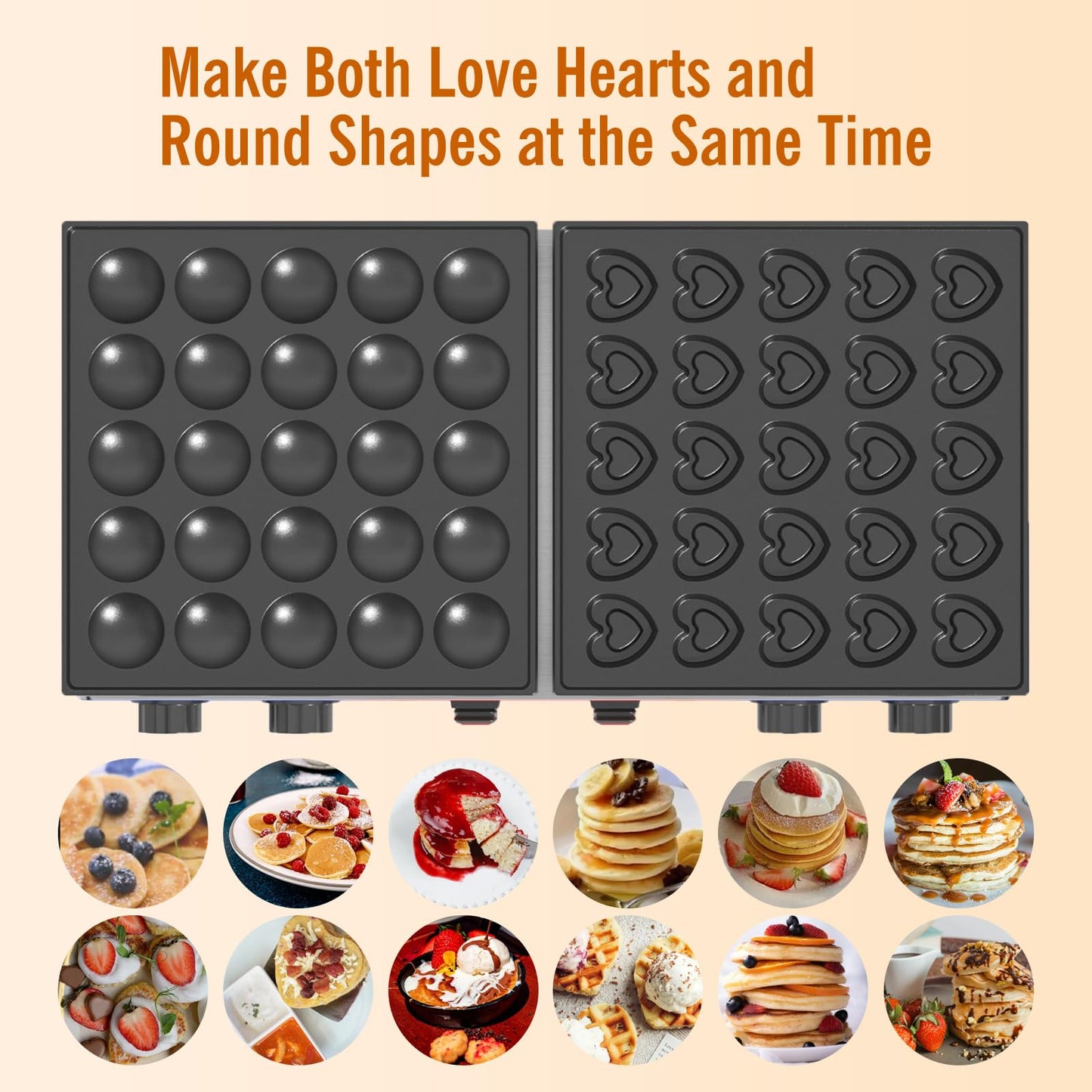 HTTSICHI Mini Pancake Maker - 50Pcs Commercial Pancake Maker With Round-Shaped and Heart-Shaped, Mini Pancakes Maker Machine With 2 Thermostats & 2 Timers, Non-stick Electric Pancakes Maker