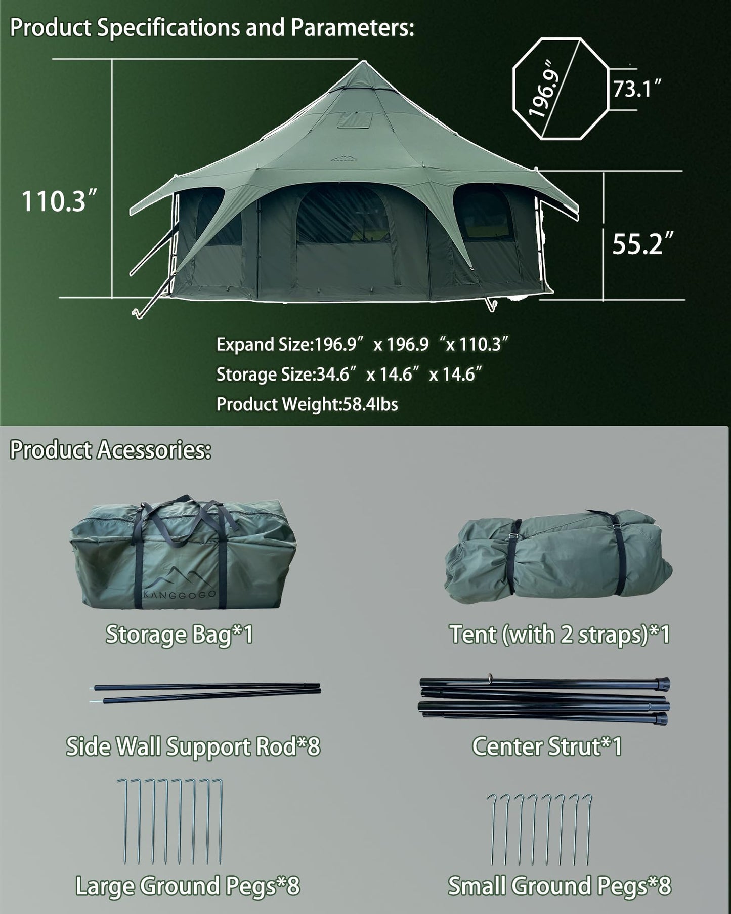 Kanggogo Cotton Canvas Tent Bell - Yurts Breathable and Windproof,Glamping for 6/8/10Person Family Camping (Green)