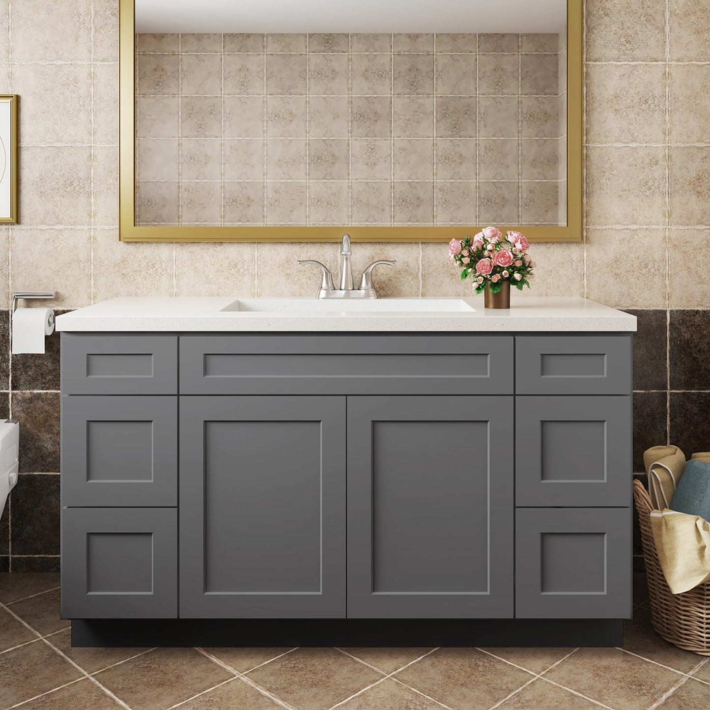 ROOMTEC 60" Assembled Bathroom Vanity Double Drawer Base Cabinet with Soft-Close Door & 6 Drawers, Large Capacity Single Sink for Laundry, Kitchen, Shower & Utility Rooms