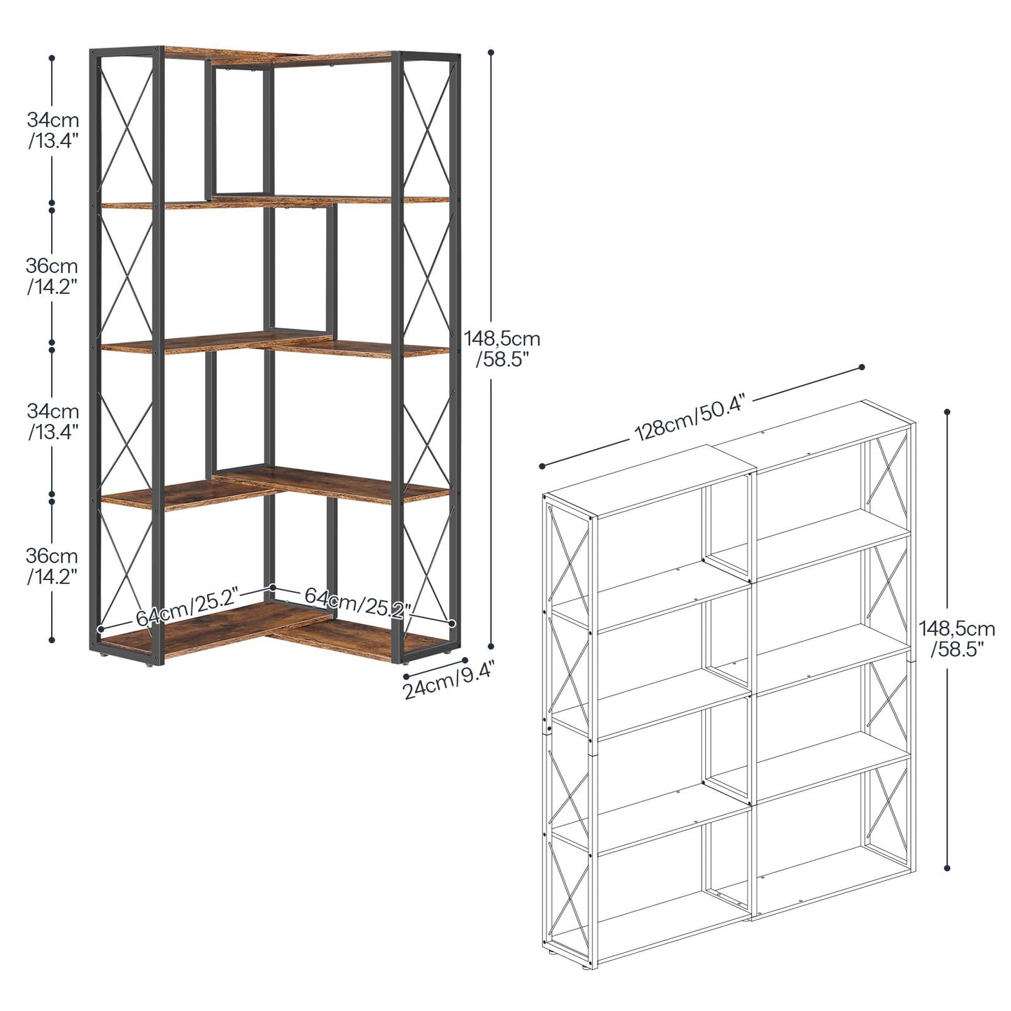 HOOBRO Corner Bookshelf, 5-Tier Industrial Corner Bookcase, Open Display Storage Rack, Vertical or L-Shaped, for Office, Living Room, Bedroom, Rustic Brown and Black BF66SJ01