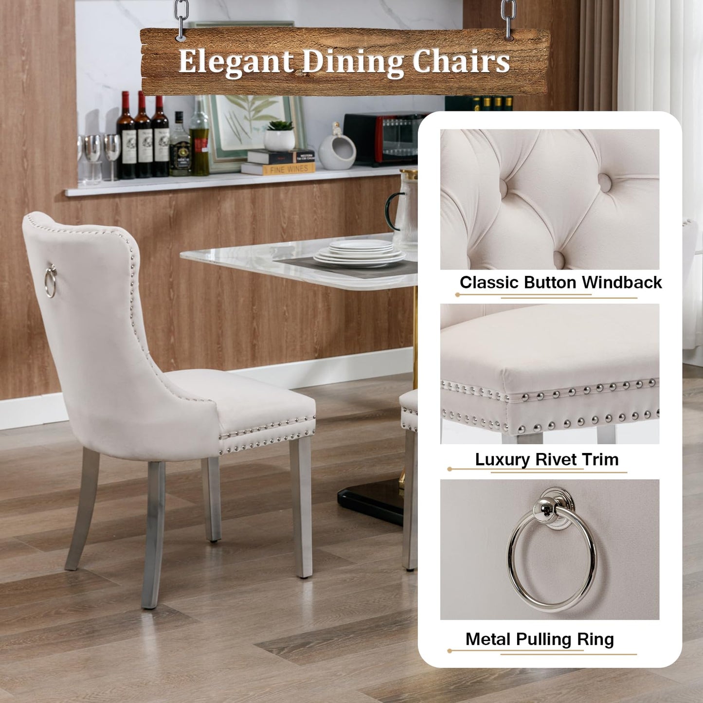Pvillez 7 Piece Faux Marble Dining Table Set for 6, 70" White Silver Kitchen Table Set with X-Shape Stainless Steel Base, Modern Dining Room Table Set with 6 Beige Velvet Chairs for Kitchen Dining