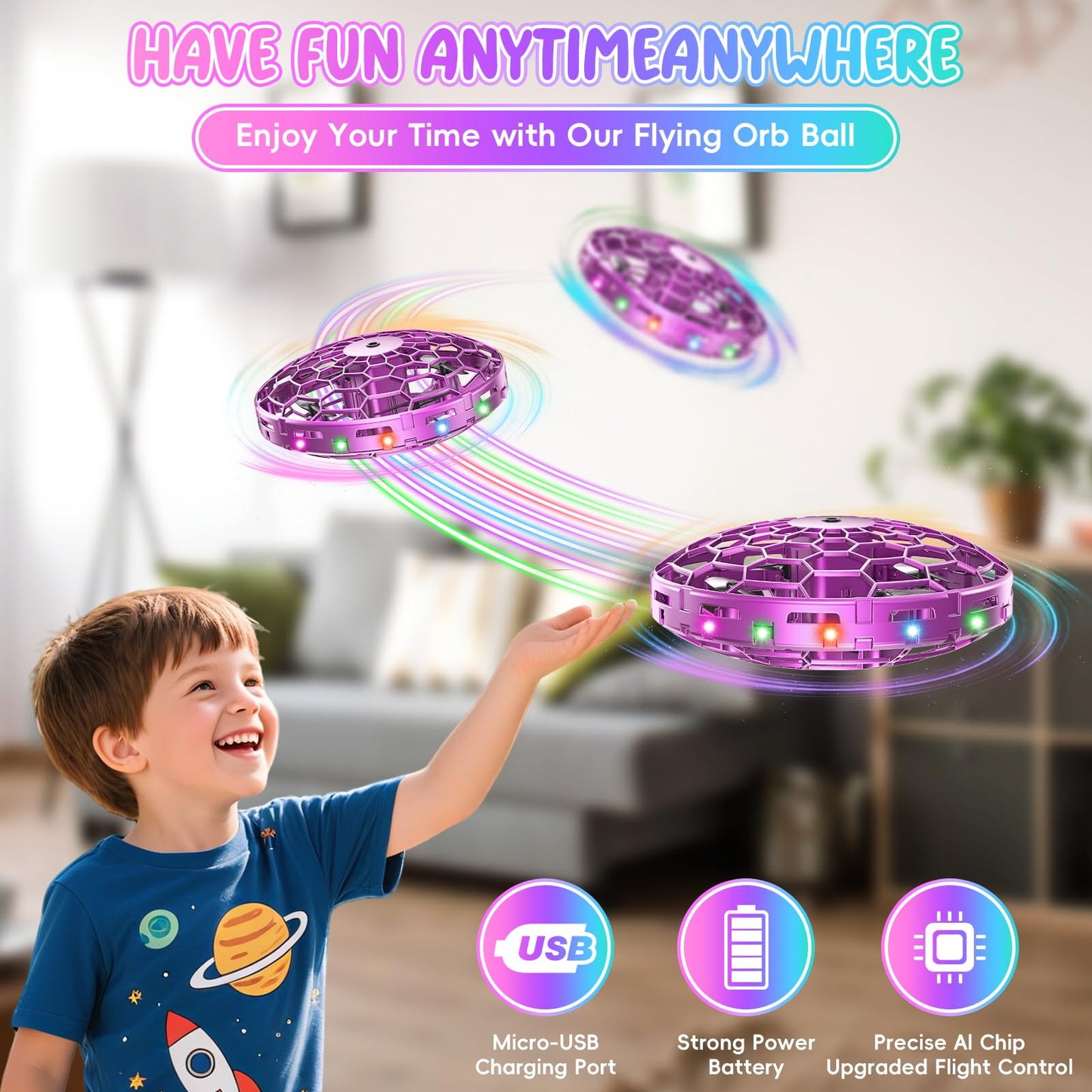 TSM005 Mini Drone for Kids,Hand Operated UFO Toy,Flip Stunt Hover Toy with LED,Easy Indoor Outdoor Flying Toys,Rechargeable UFO Drone for Kids 6-8-12,Cool Christmas Birthday Gifts for Boys Girls (Purple)