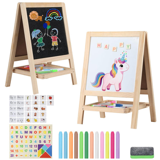 Tabletop Painting Wooden Art Easel for Kids - 4-in-1 Double-Sided Drawing Board for Toddlers 2-4, Chalkboard & Dry Whiteboard with Markers, Eraser, Magnetic Letters/Numbers & Flashcards
