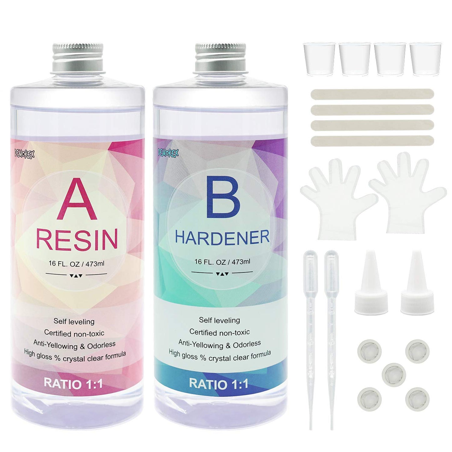 Epoxy Resin, Demorex Resin Kit Crystal Clear-Not Yellowing and No Bubble Self Leveling Easy Mix 1:1 Casting & Coating for DIY Jewelry Making, Art Crafts, Wood & Resin Molds (32oz)