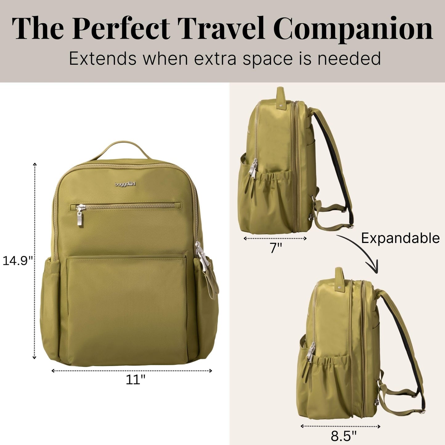 Baggallini Tribeca Expandable Laptop Backpack - 15"x11" Lightweight RFID Computer Bag for Work & Travel with Luggage Sleeve