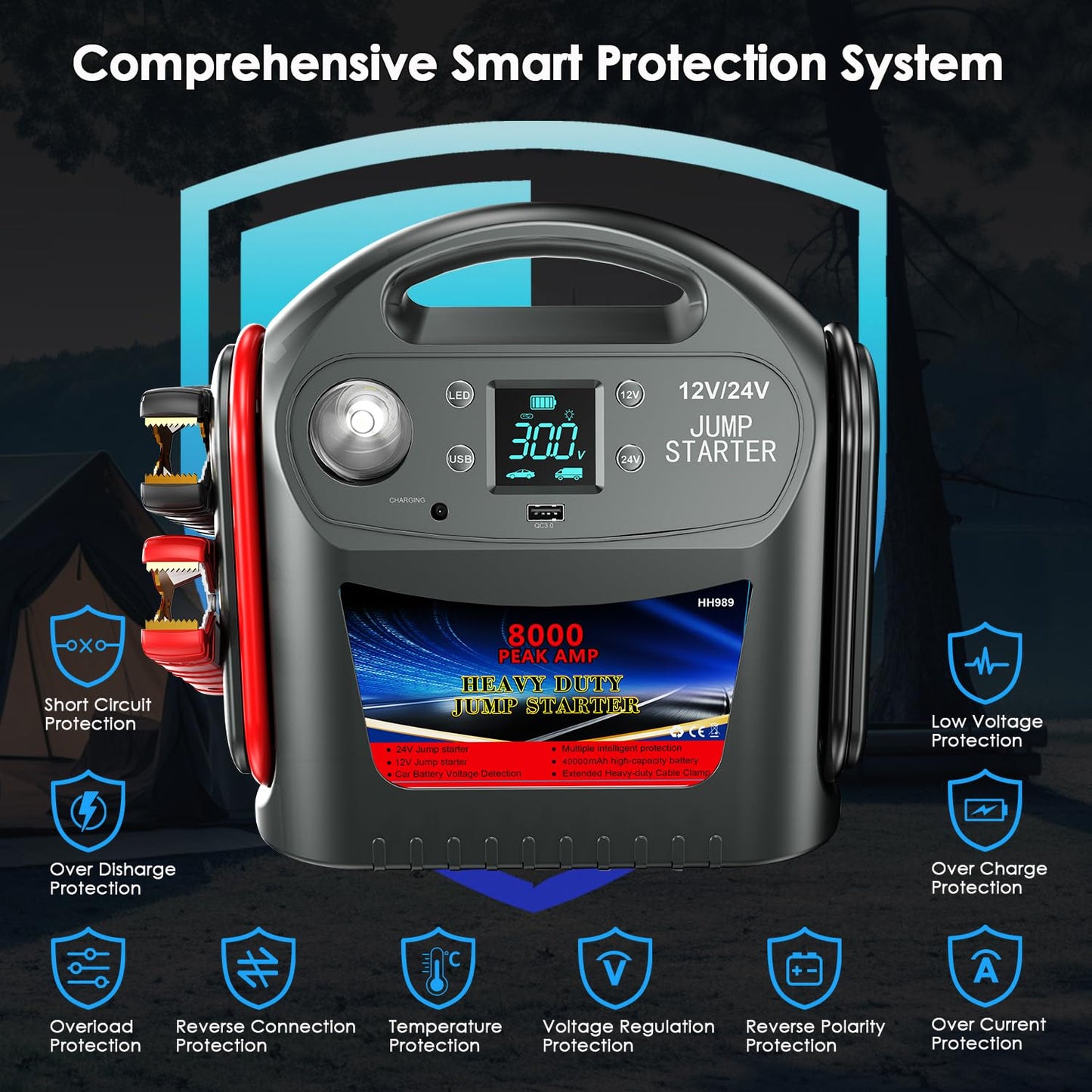 8000A Car Battery Jump Starter -E-Ant 12V/24V Intelligent Car Jump Starter Portable for Commercial Vehicles and Diesel Engines, Heavy Duty Jump Box Power Pack with LED Light